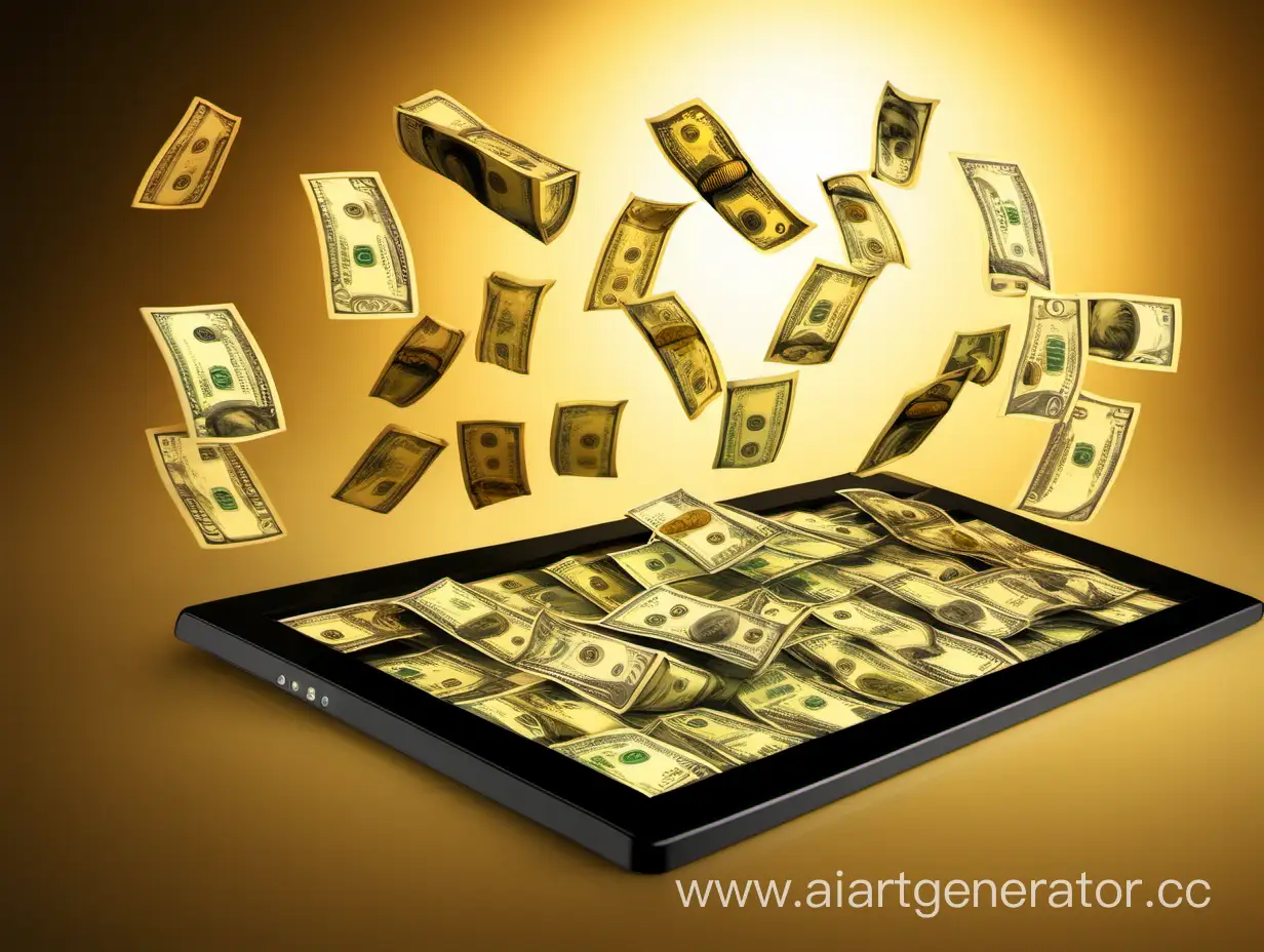 изображения планшета с символами денег (доллар, евро и т. д.) на экране, окруженного золотым свечением