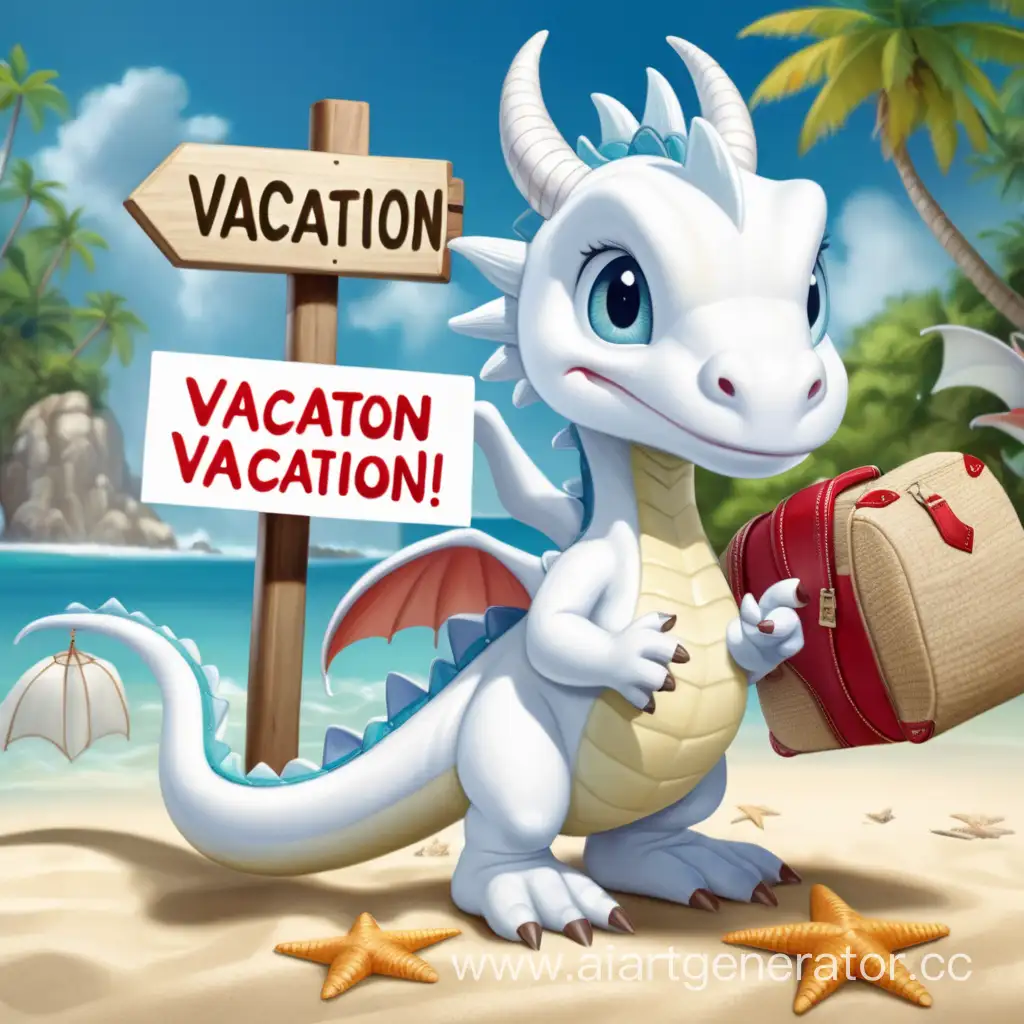 белый дракончик держит плакат с надписью "отпуск"