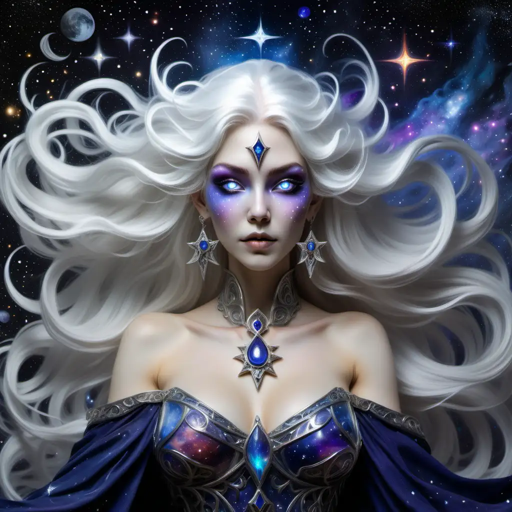In a celestial realm, an ethereal witch with flowing silver hair, bejeweled with stars and moons, captivates with her otherworldly beauty. Her porcelain skin glows with a faint shimmer, and her piercing sapphire eyes hold an ancient wisdom. Standing majestically against a backdrop of swirling galaxies and colorful nebulae, the image of the witch evokes a sense of awe and wonder. Painted with meticulous details, this stunning artwork immerses the viewer in the enchanting world of myth and magic.