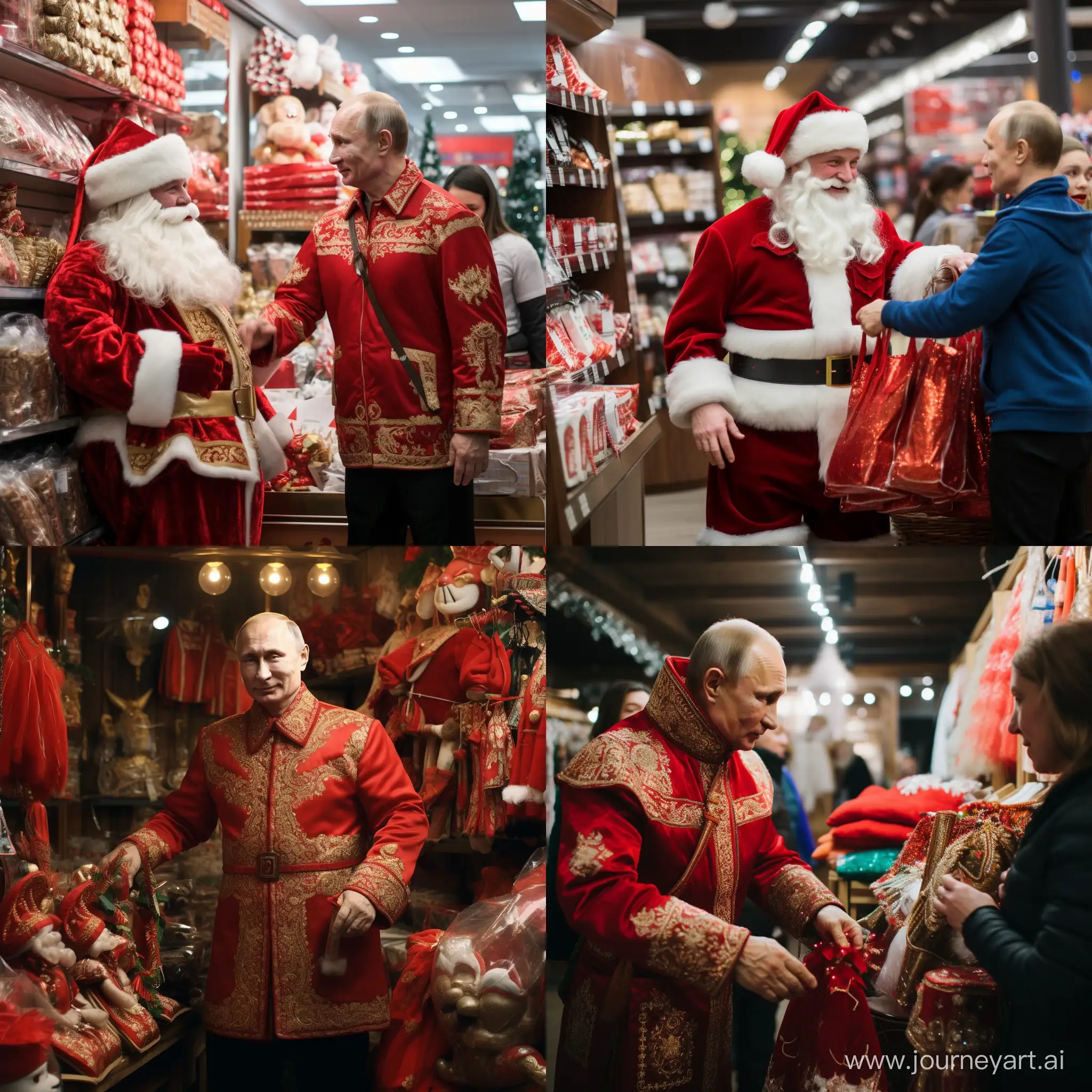 Vladimir Putin dressed as Santa Claus handing out presents in a large shop.