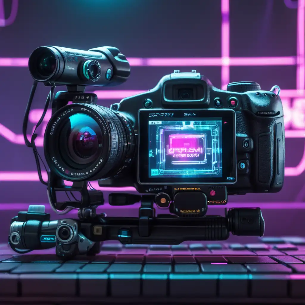 Futuristic Cyberpunk Camera Setup in Neonlit Cityscape