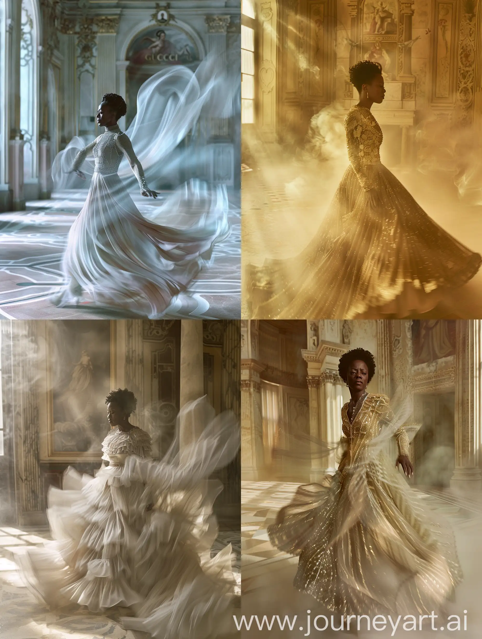 Viola Davis collaborates with Gucci in an elegant ballroom. The setting exudes grandeur and refinement, echoing her character's stature and sophistication. The photography style gracefully captures dynamic movement, enhanced by fashion film techniques such as LUT, camera blur, and haze effects. High-resolution images accentuate the luxurious textures of the clothing and intricate lighting, spotlighting the meticulous details of the technical textile.