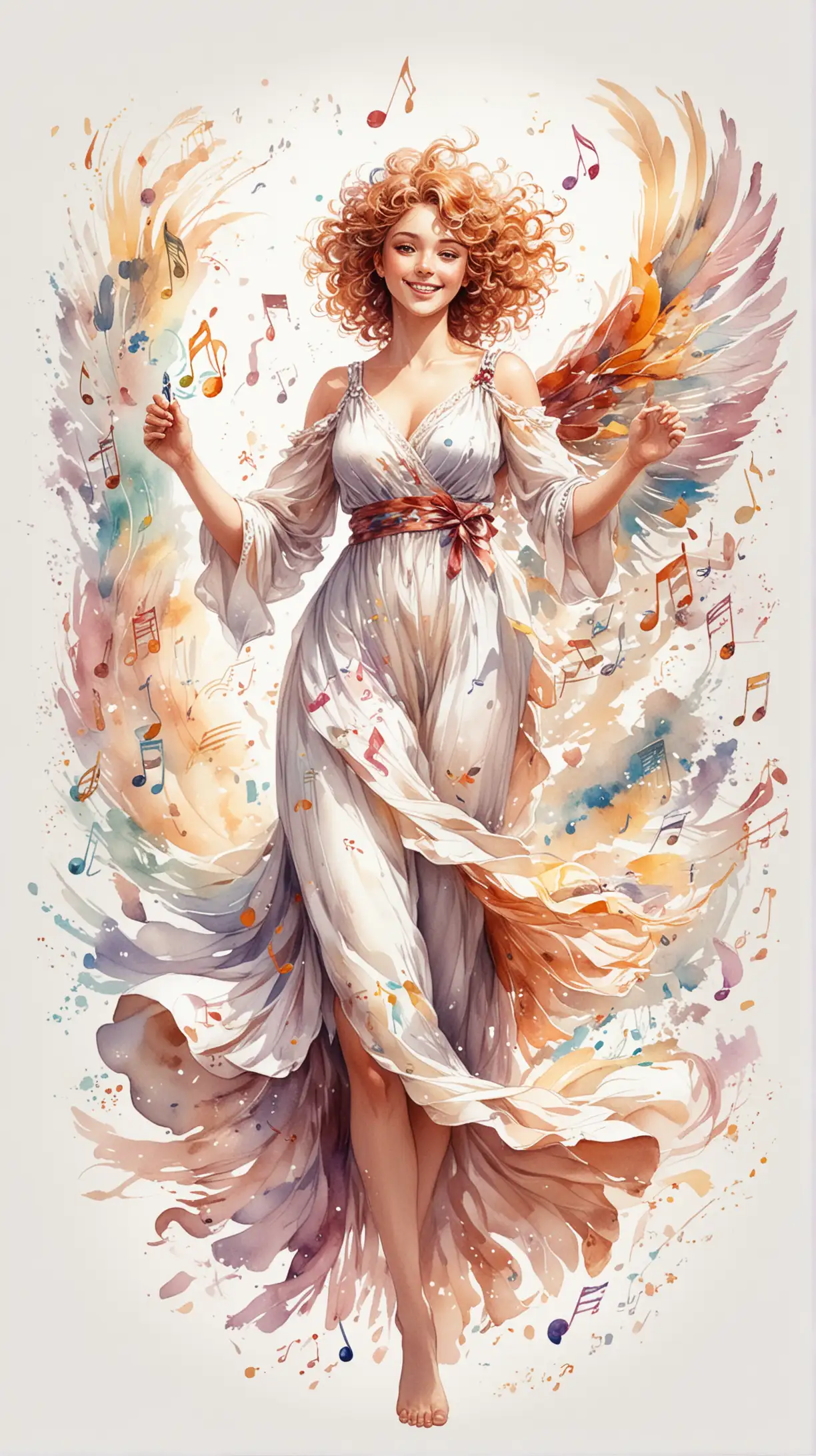 on a white background, painted in watercolor in anime style, the girl muse Euterpe in a light flying dress, a happy smile, colorful notes fly out of developing hair, wings from notes, wind, flight, holds a treble clef in elegant palms, inspiration, fantasy, music, curly ribbons of notes