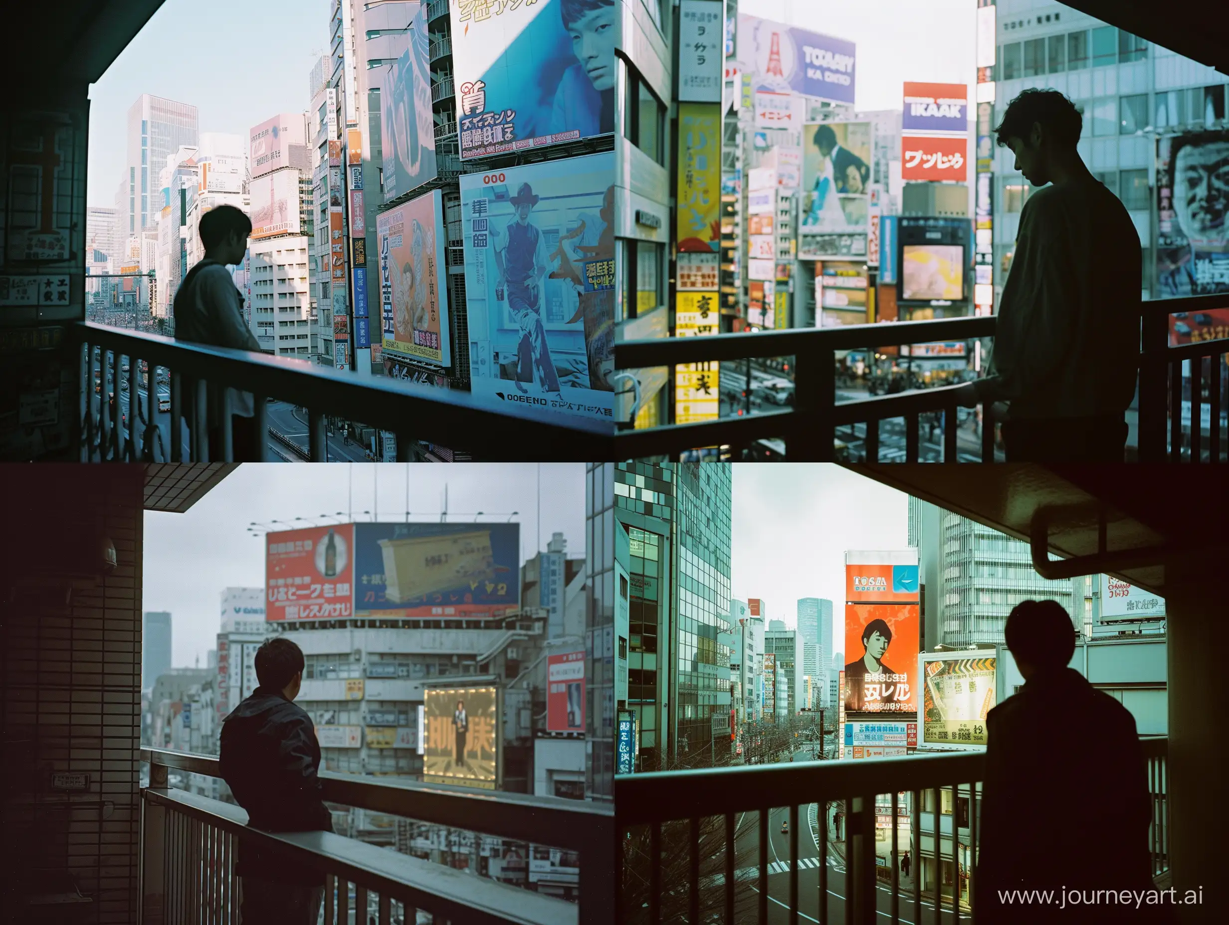 A photo of the tokyo City skyline taken with Kodak Gold 200 film, capturing the natural lighting and busy city environment. The style is raw and the view is from a third person perspective, with billboards in the background, a man is seen standing in on the balcony