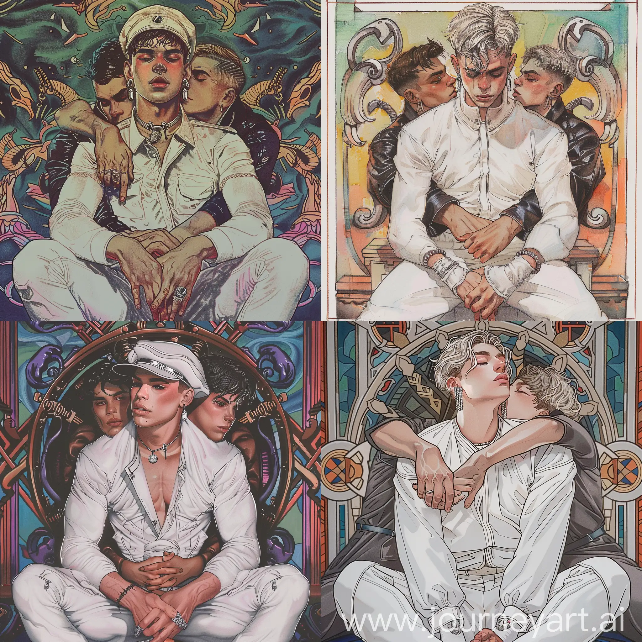 colourful drawing of young male sailor in white outfit, silver earrings, sitting on a harbol wall, hugged by two leatherboys. Tom of Finland style