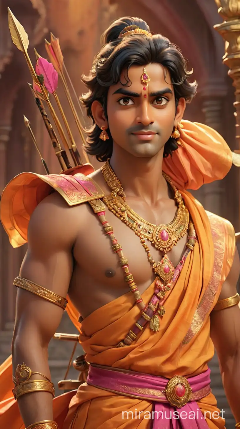 The most handsome happy and honorable looking prince Lord Sri Rama Chandra in ethnic costume of golden orange and pink colors. with a beautifully embellished realistic bow and arrow in his hands