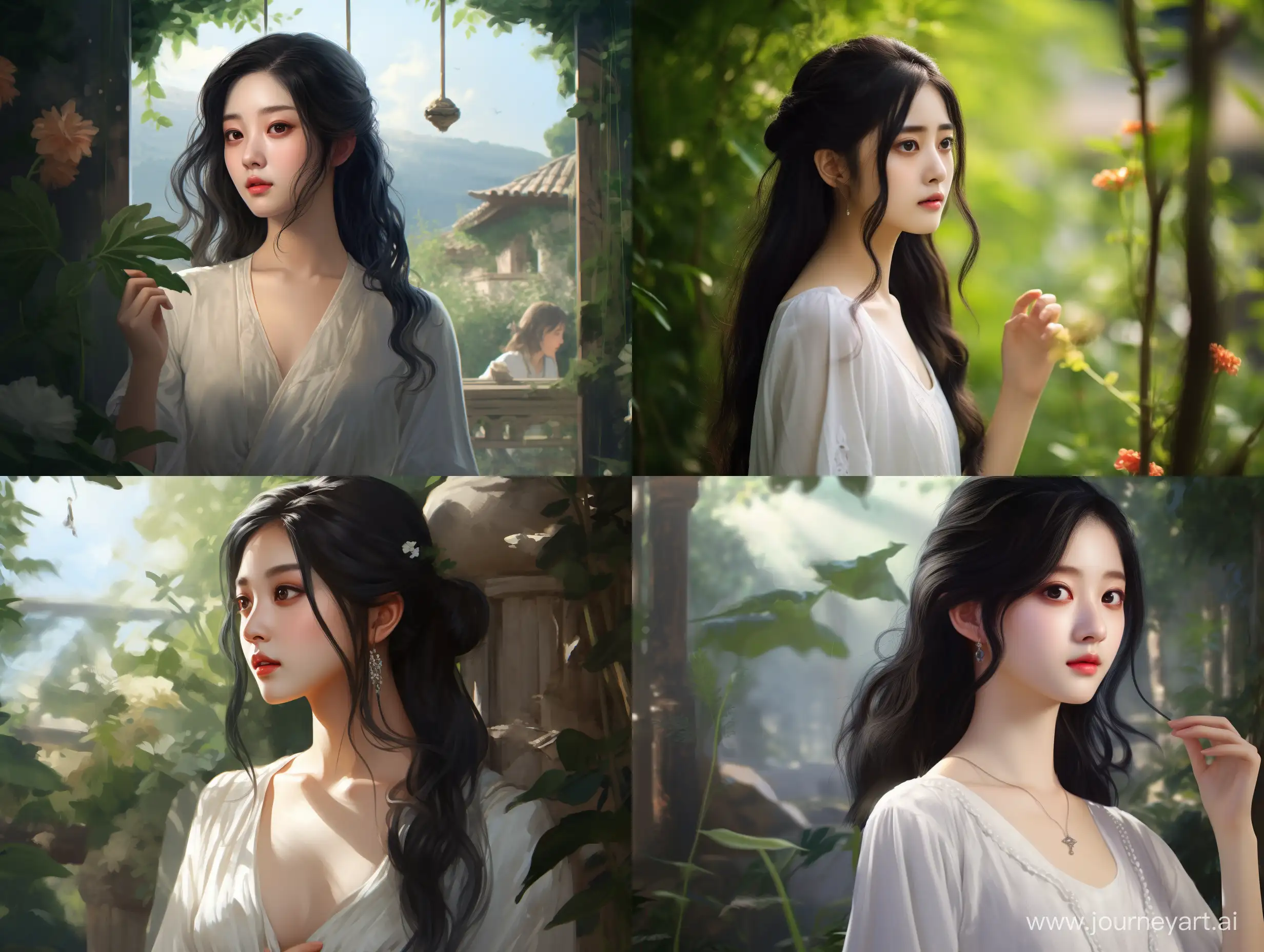 A Chinese girl, 18 years old, wearing a white Chinese classical long dress, black hair, black eyes, standing in a garden with Chinese classical style, looking into the distance, 4K high-definition, exquisite face