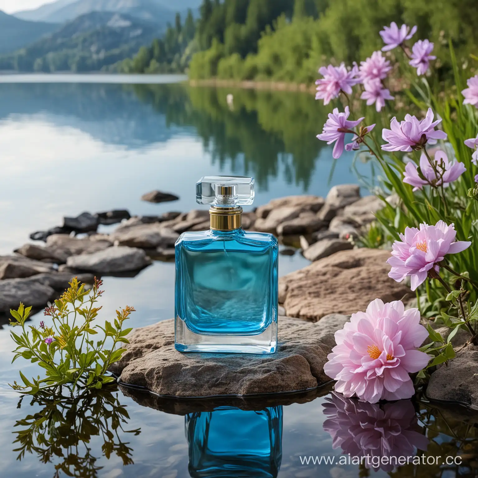 парфюмерное средство в голубом стекле на фоне озера, скал, цветов