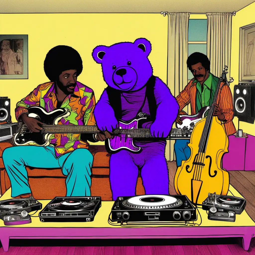 A house party in the 1970s with a purple bear dj and mango bass player