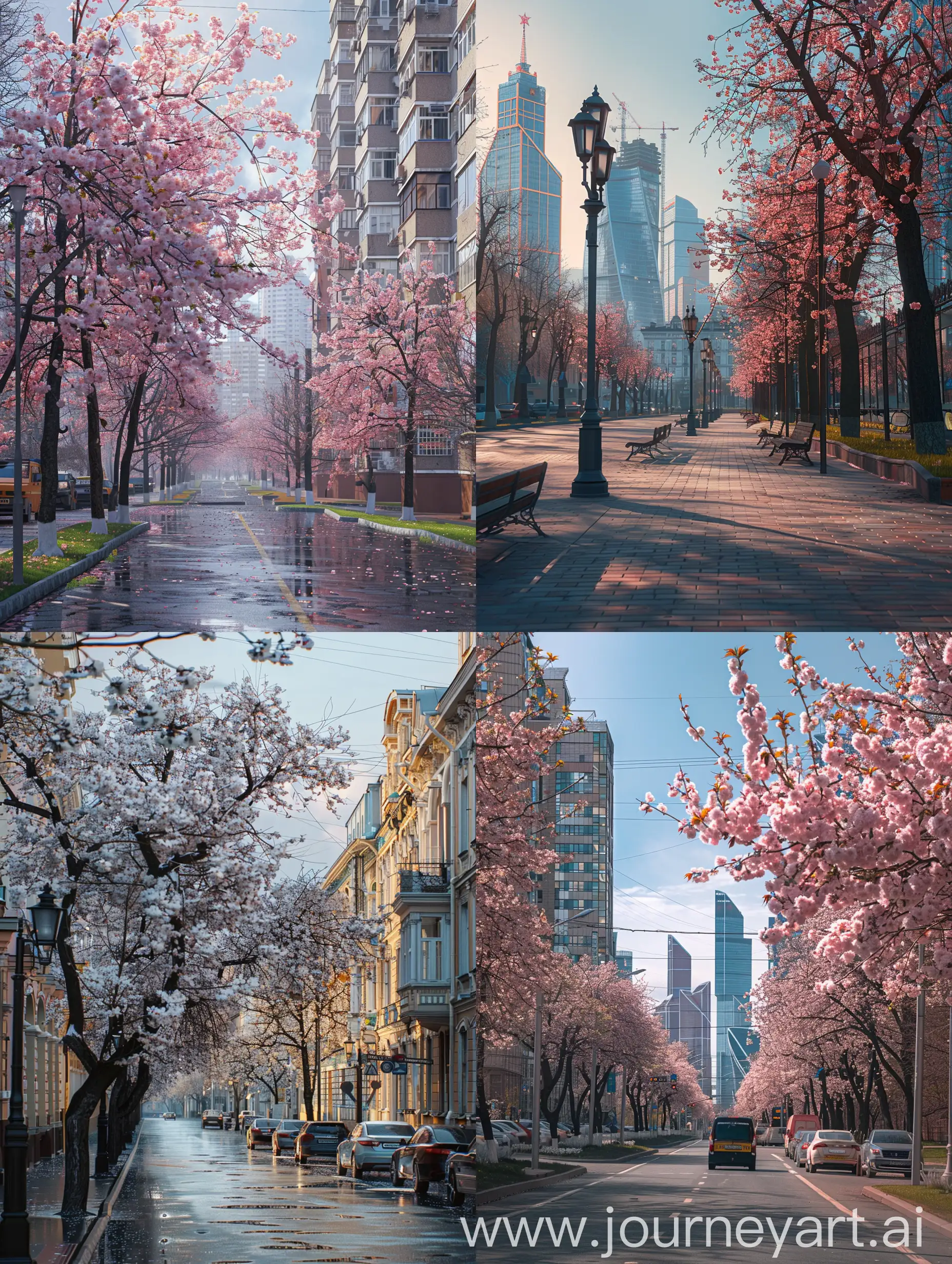 spring vibes in modern russian city, use a high-resolution 32k camera with a raw style, and a quality setting of 2 to capture this timeless scene. 