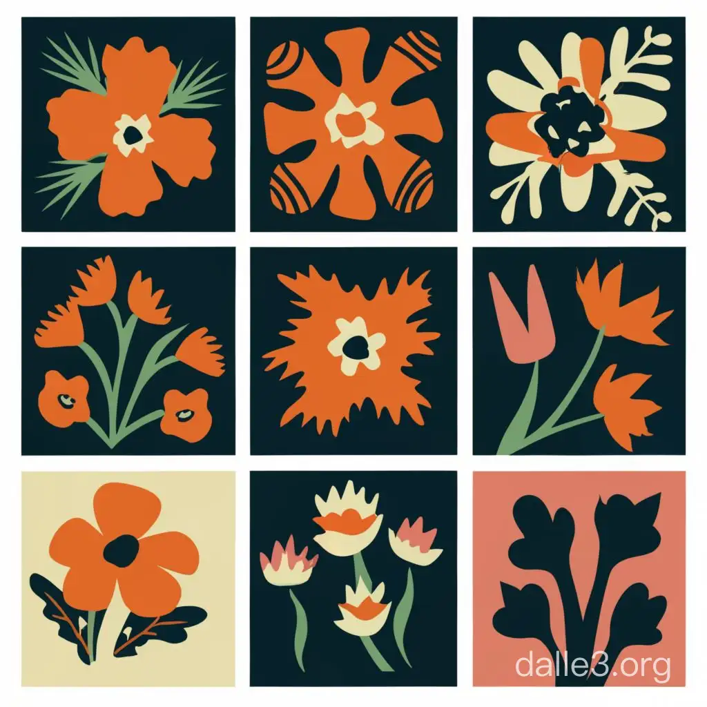 flash sheet of a variety of abstract florals, like matisse style but more solid, like it's a print. The florals should be black and the background white.