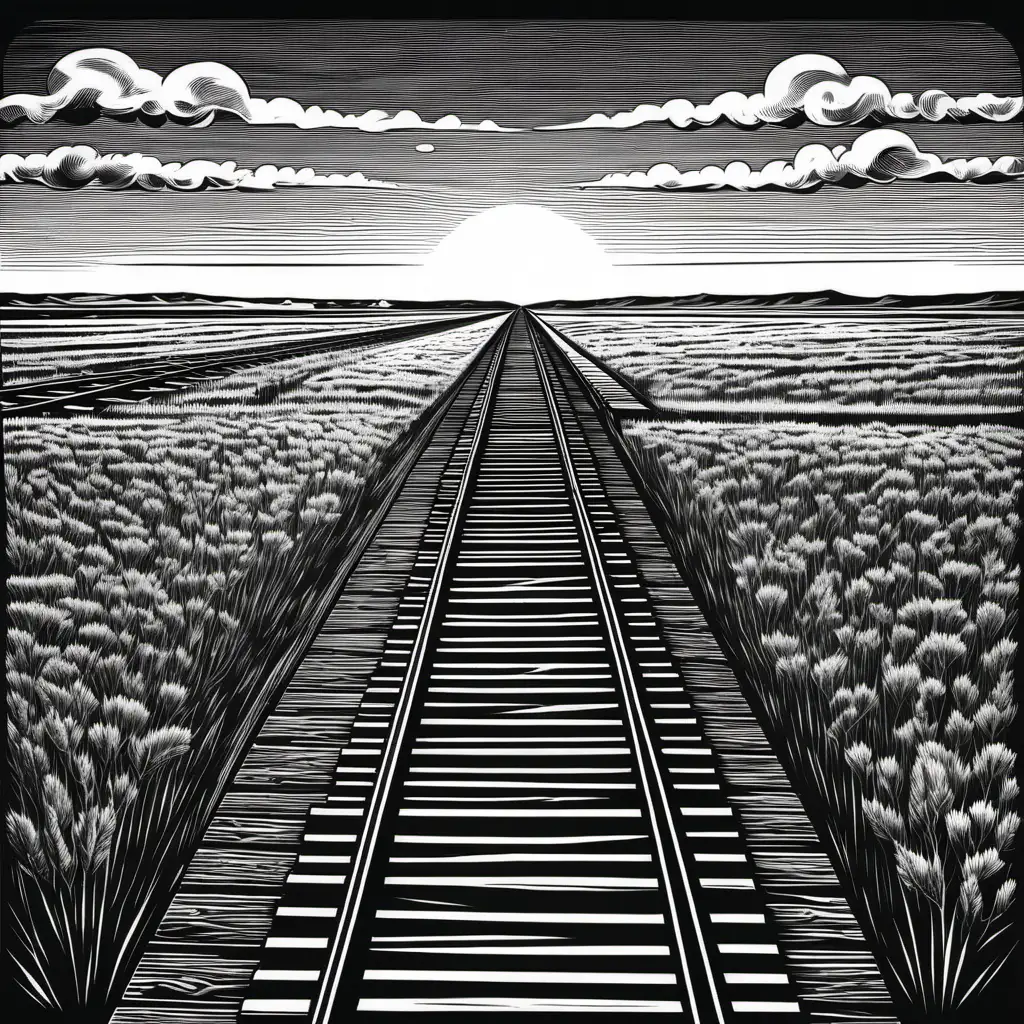 a black and white 
woodcut of a railroad track on the great plains that goes into the distance