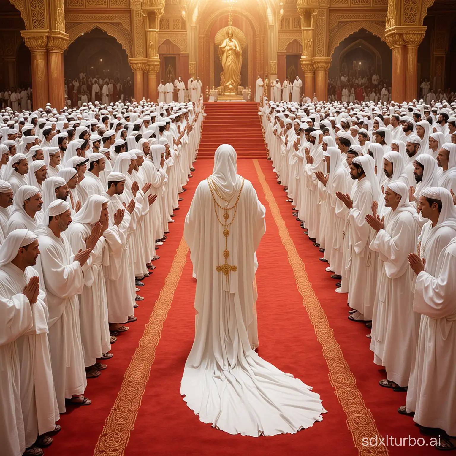 A tall, angelic figure in white robes and veil, exuding peace and power, guides people along an endless red carpet towards the light of God. Spectators in white clothing watch in awe, praying for the figure’s success as they hover effortlessly over the carpet, creating a righteous and respectful atmosphere with a touch of warrior-like masculinity.
