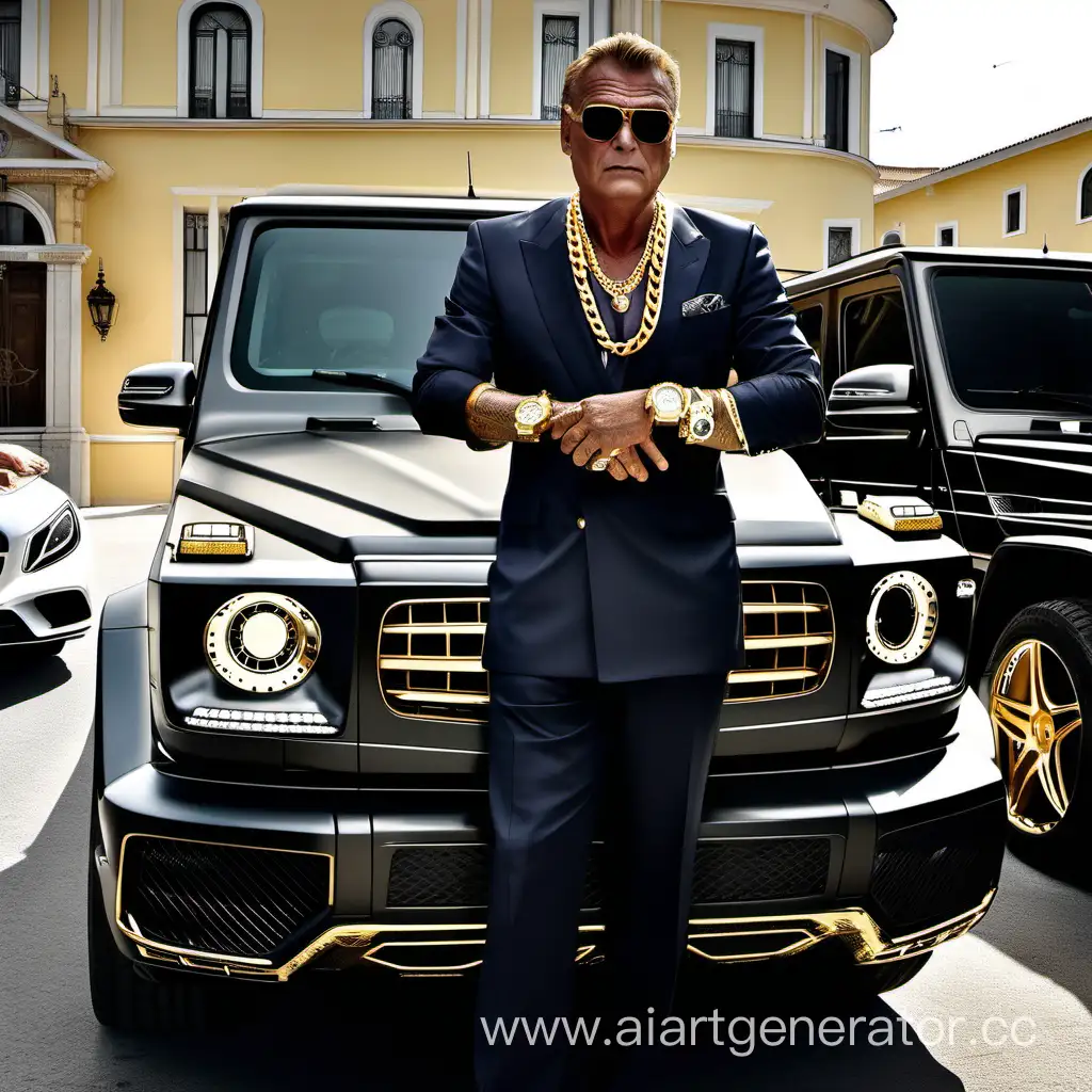 Богатый нефтяник, на шее золотая цепь, а на руке золотые часы, на заднем фоне стоит Mercedes-Benz G-Class