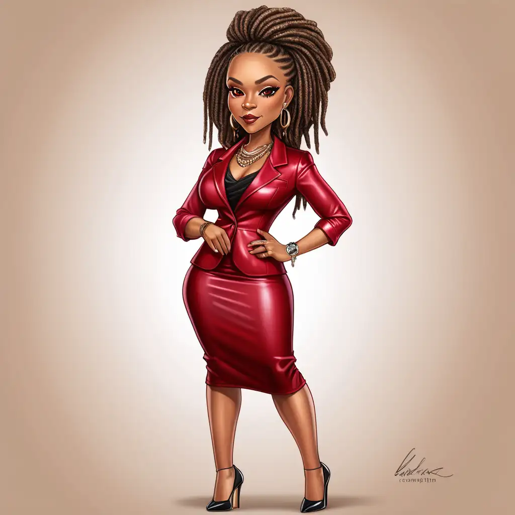 African American mature, chibi, female, realistic, illustration of a beautiful grown-up black woman, showcases her entire body with impeccable makeup, chibi style, with caramel colored skin, with dread locs , sophisticated, almond eyes, pointy chin, wearing a sophisticated, conservative, crimson red outfit, black patent leather pumps, jewelry