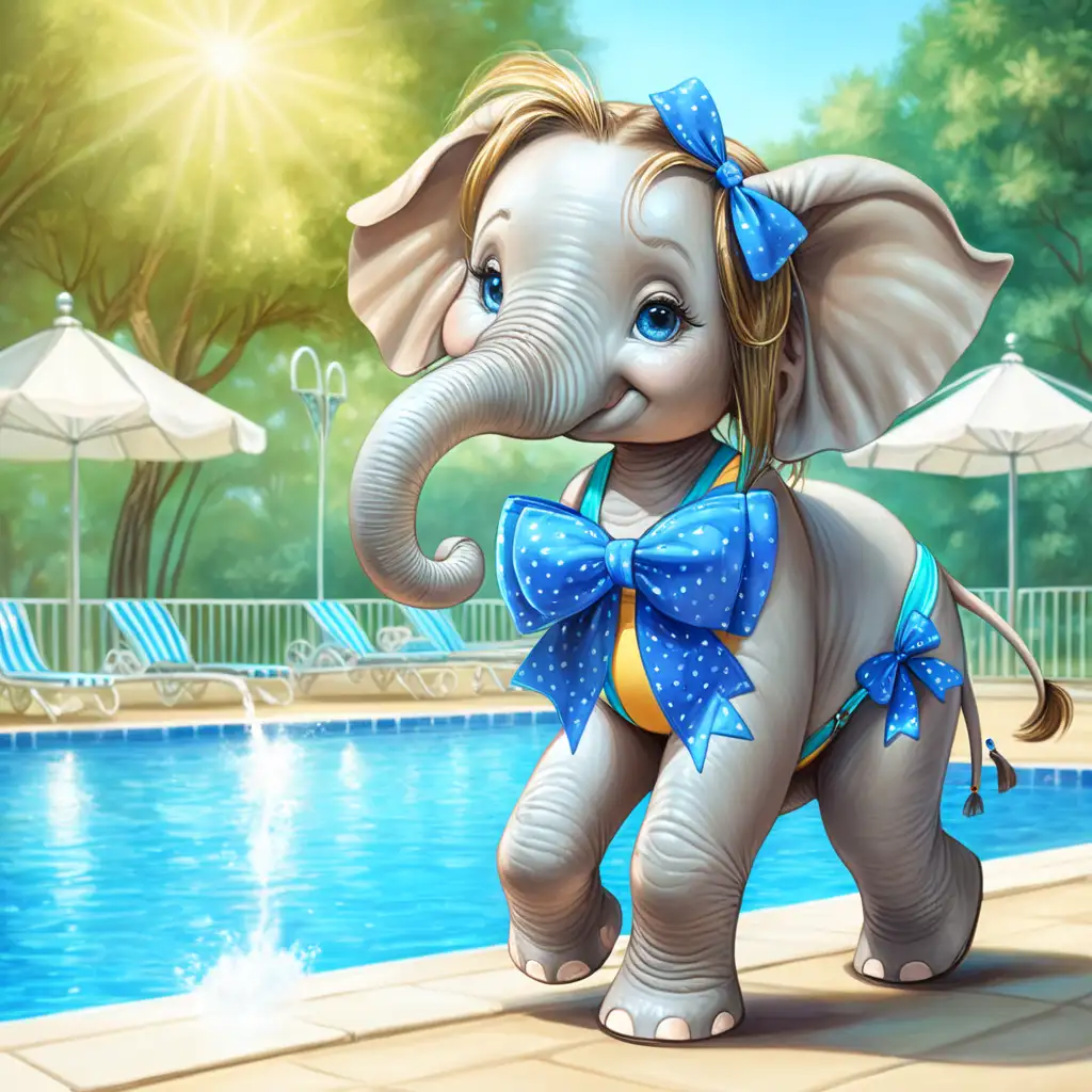 girl elephant with blue bows, with long hair wearing a bathing suit on a sunny day near the pool in the park with children 