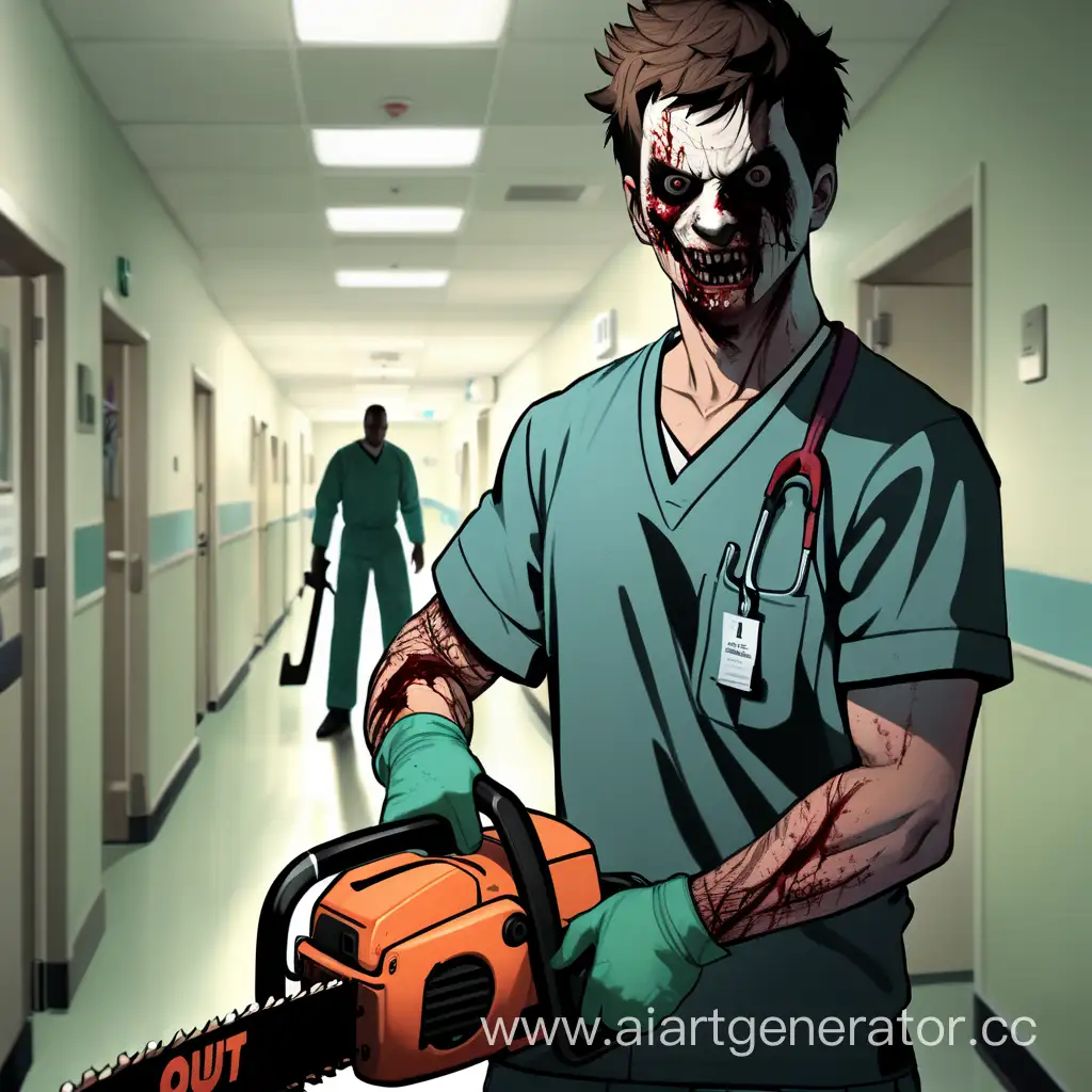 young guy, holding a chainsaw, psychopath, hospital, assault, outlast