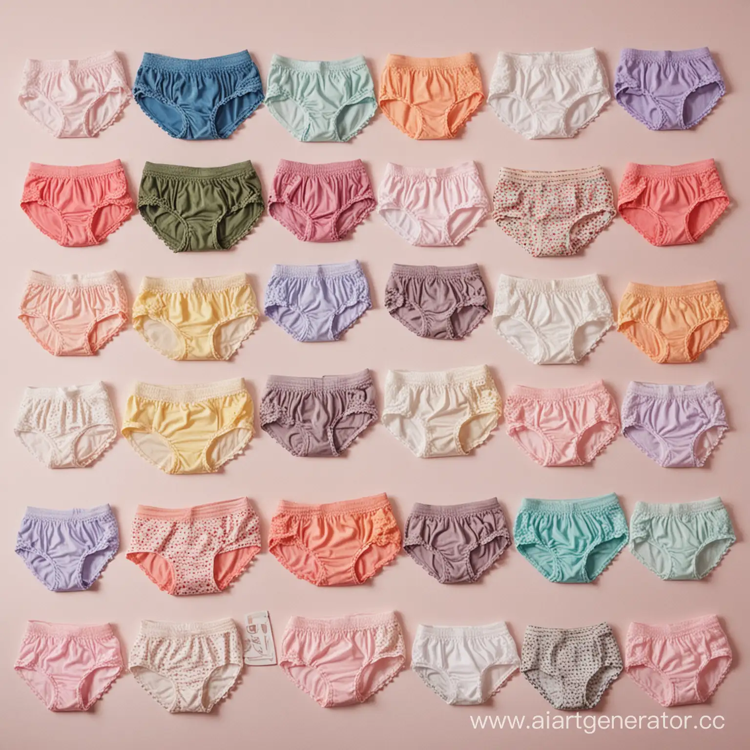20 panties of different types, styles and colors lie on the same background