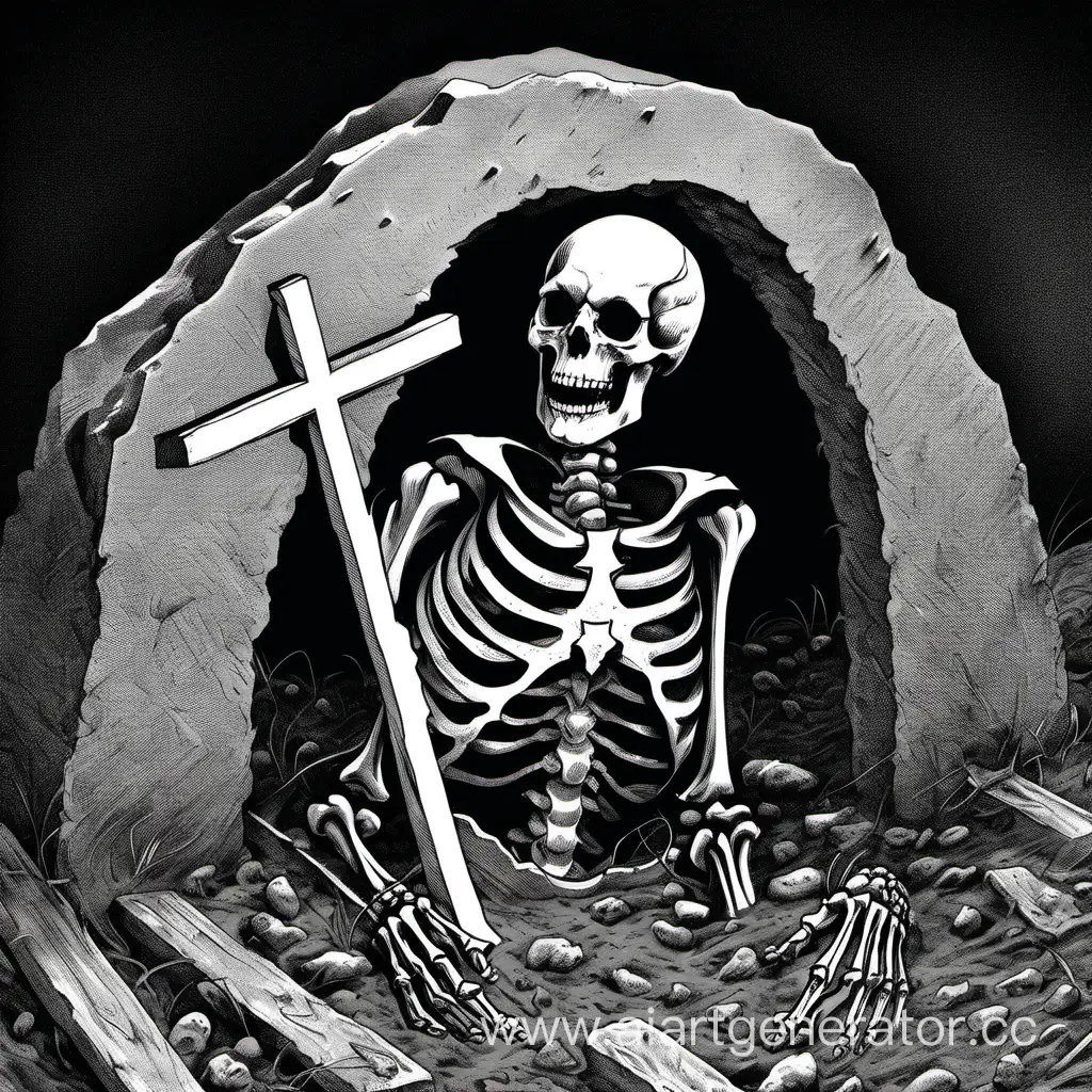 Eerie-Skeleton-Rising-from-Grave-with-Cross-in-Hand