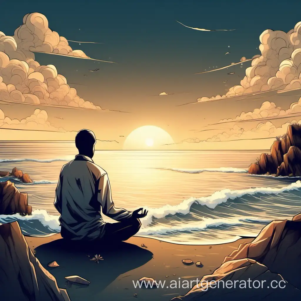 Спокойная обстановка на берегу моря, учитель сидит в позе лотоса и смотрит вдаль, сделать в стиле 2D изображений