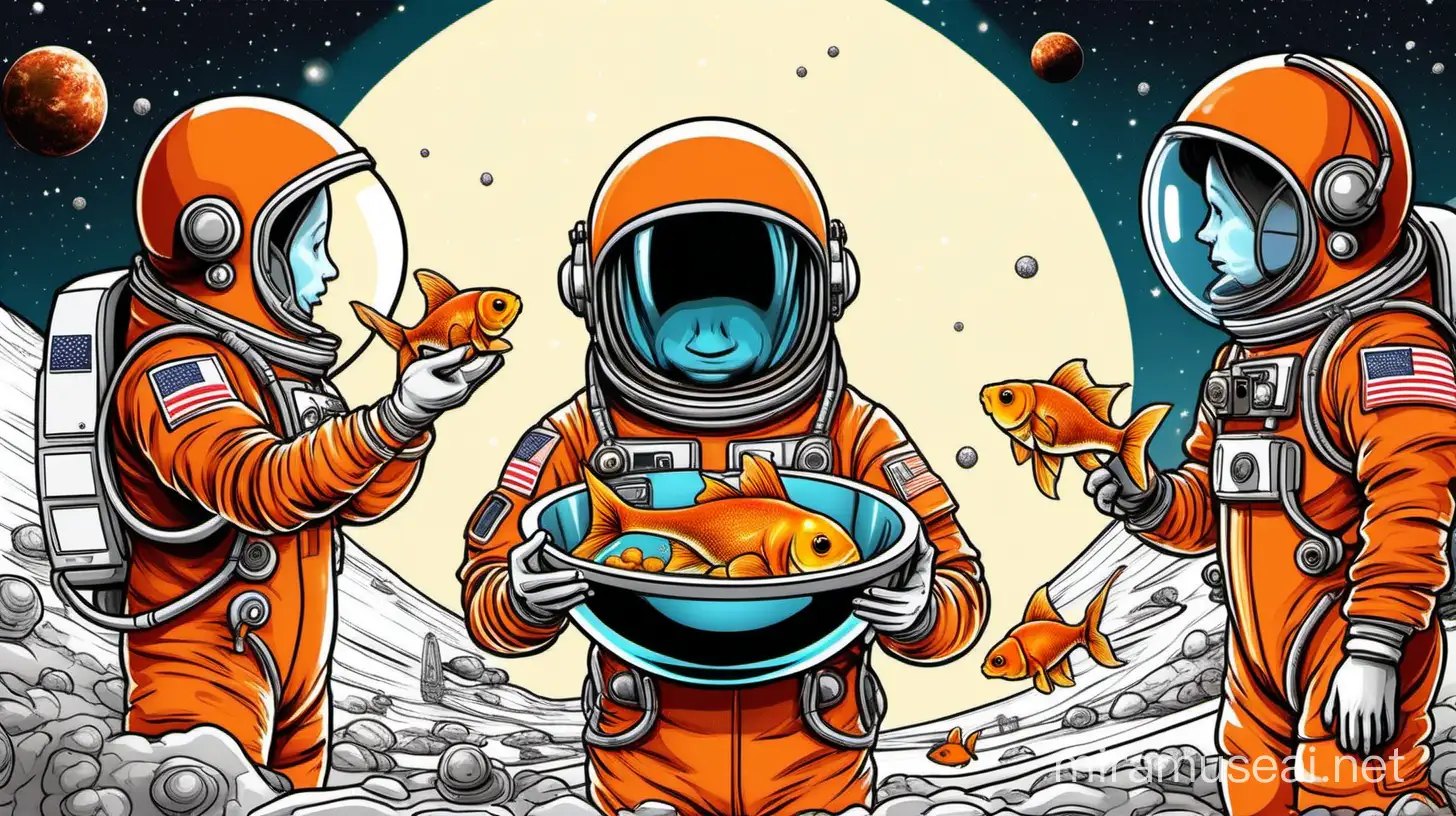 Cartoon of 3 orange suit Astronauts, with no face illuminated, one astronaut holding a  see through bowl with a goldfish inside it, big spaceship on a planet background in color