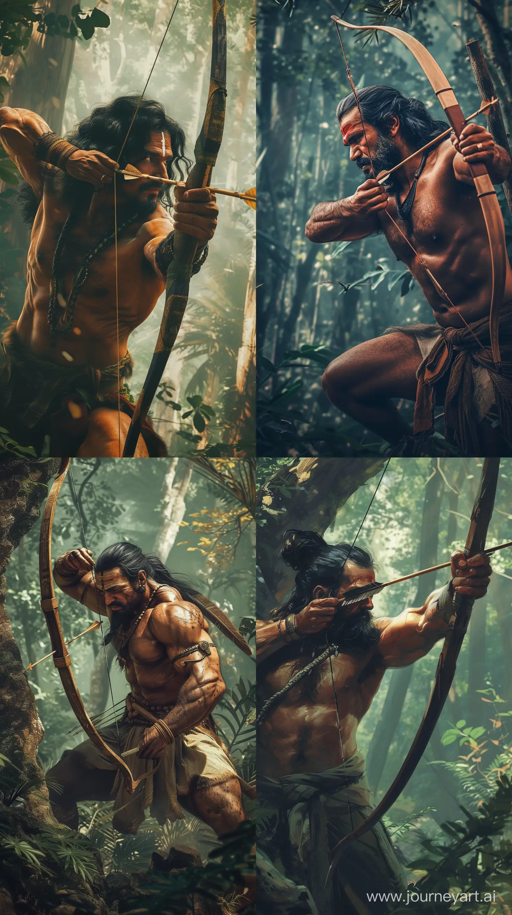 Realistic images depicting an Indian hunter from ancient times, muscular, black haired, bearded, holding a bow and an arrow, inside a forest, soft vibrant colors, intricate details, UHD --ar 9:16 --v 6