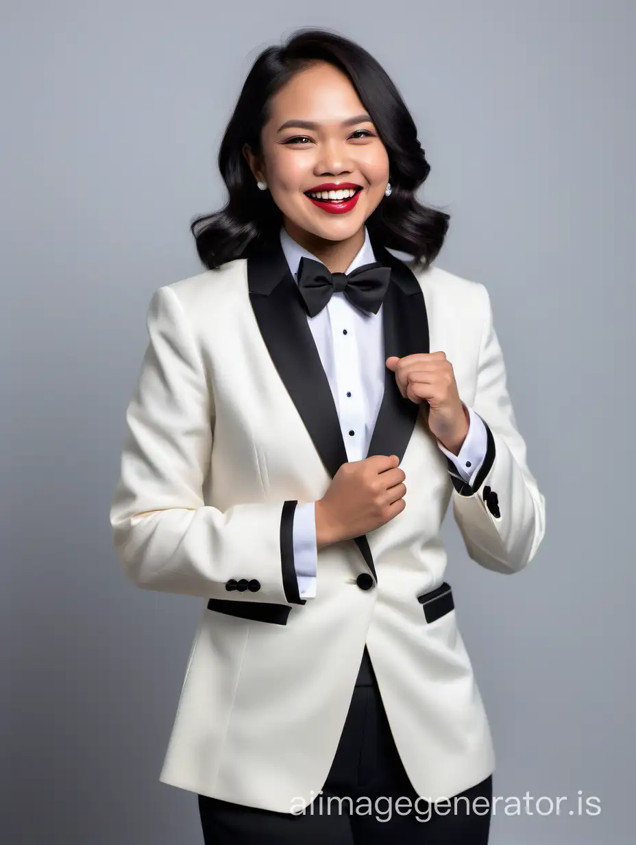 smiling and laughing filipino woman with shoulder length hair and lipstick crossing her arms, wearing an ivory tuxedo with (black pants), wearing a white shirt with double french cuffs and cufflinks, wearing a black bow tie