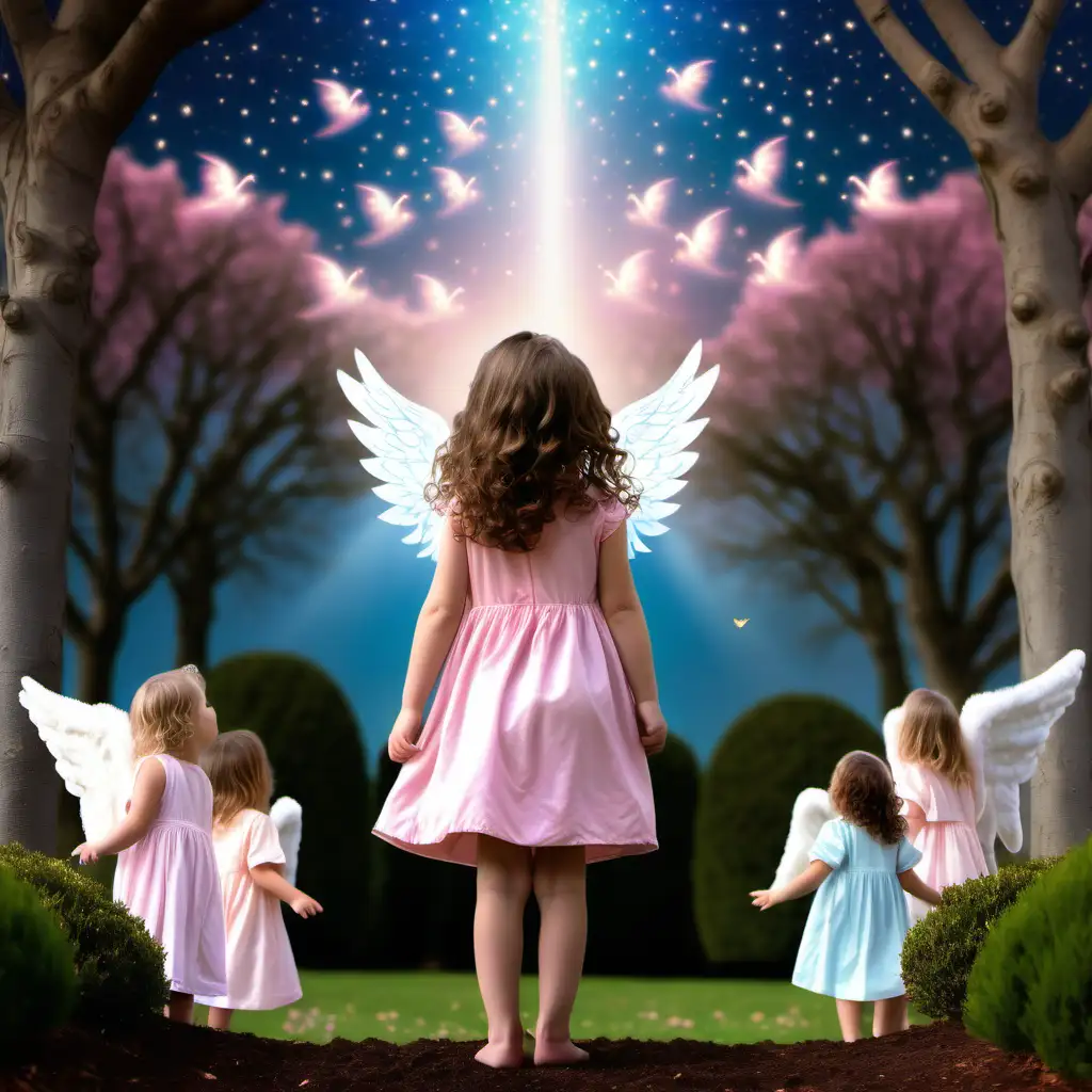 create an image of a white skinned pretty little girl standing with her back to the camera, she has curly brown hair, she is wearing a pretty pastel pink dress, she is standing in a very beautiful garden, she is looking up at the sky, above the tree tops there is a group of angels in the sky, the angels are emitting a blue light 