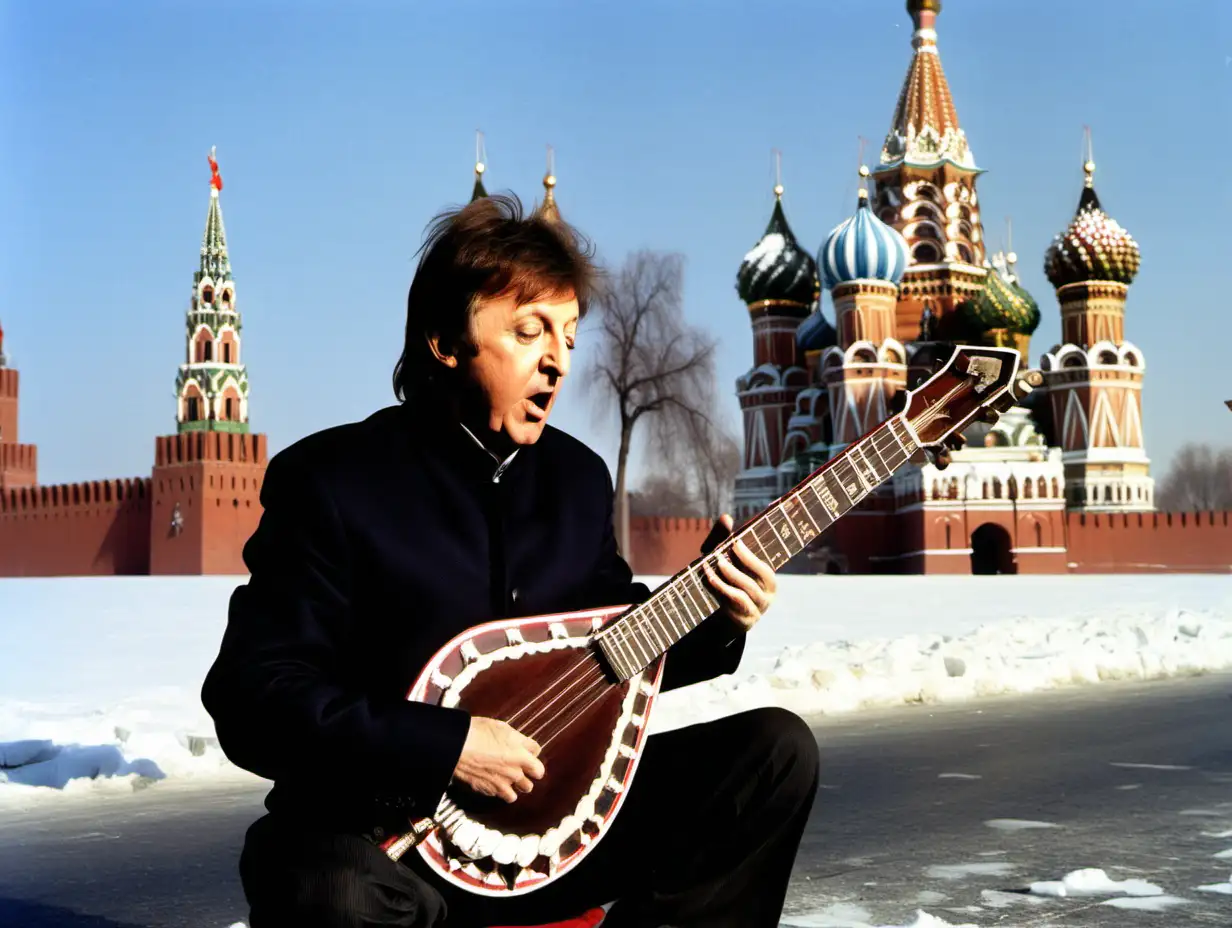 Paul McCartney playing sitar in front of the Kremlin in winter