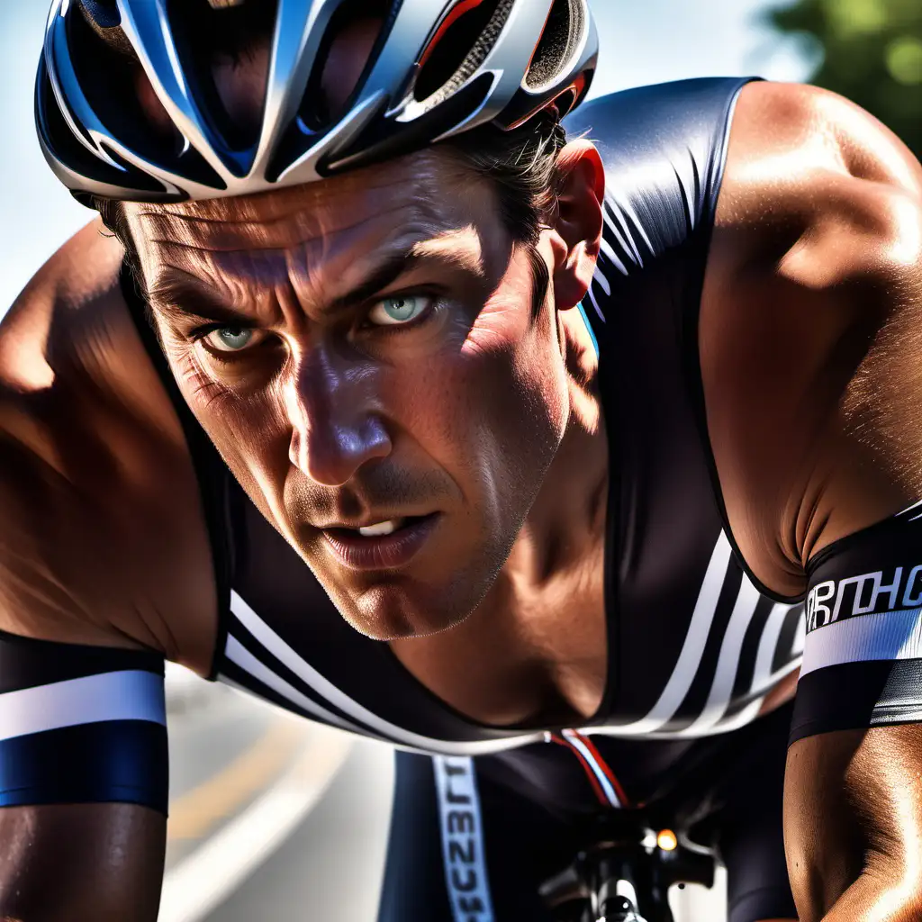Zoom in on the cyclist's intense concentration, capturing the beads of sweat on their forehead and the determination in their eyes as they navigate the road. Highlight the intricate details of their cycling gear, the wind tousling their hair, and the muscles working rhythmically with each pedal stroke. The spotlight delicately enhances the contours of their face, creating a compelling close-up that immerses the viewer in the rider's journey