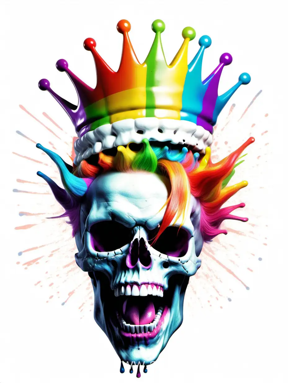 white skull head with andy wharol full colored hairstyle, explosive evil laugh, pop art style, wearing a explosive fluid rainbow crown, white background