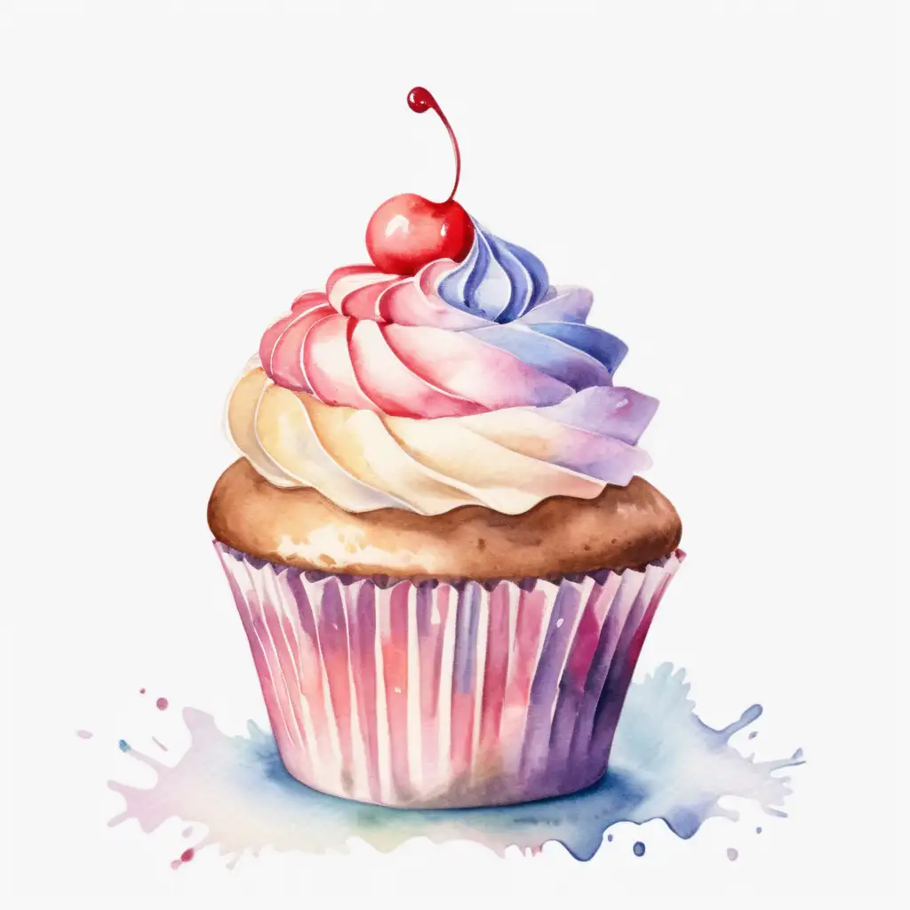 single watercolor styled cupcake with a white background