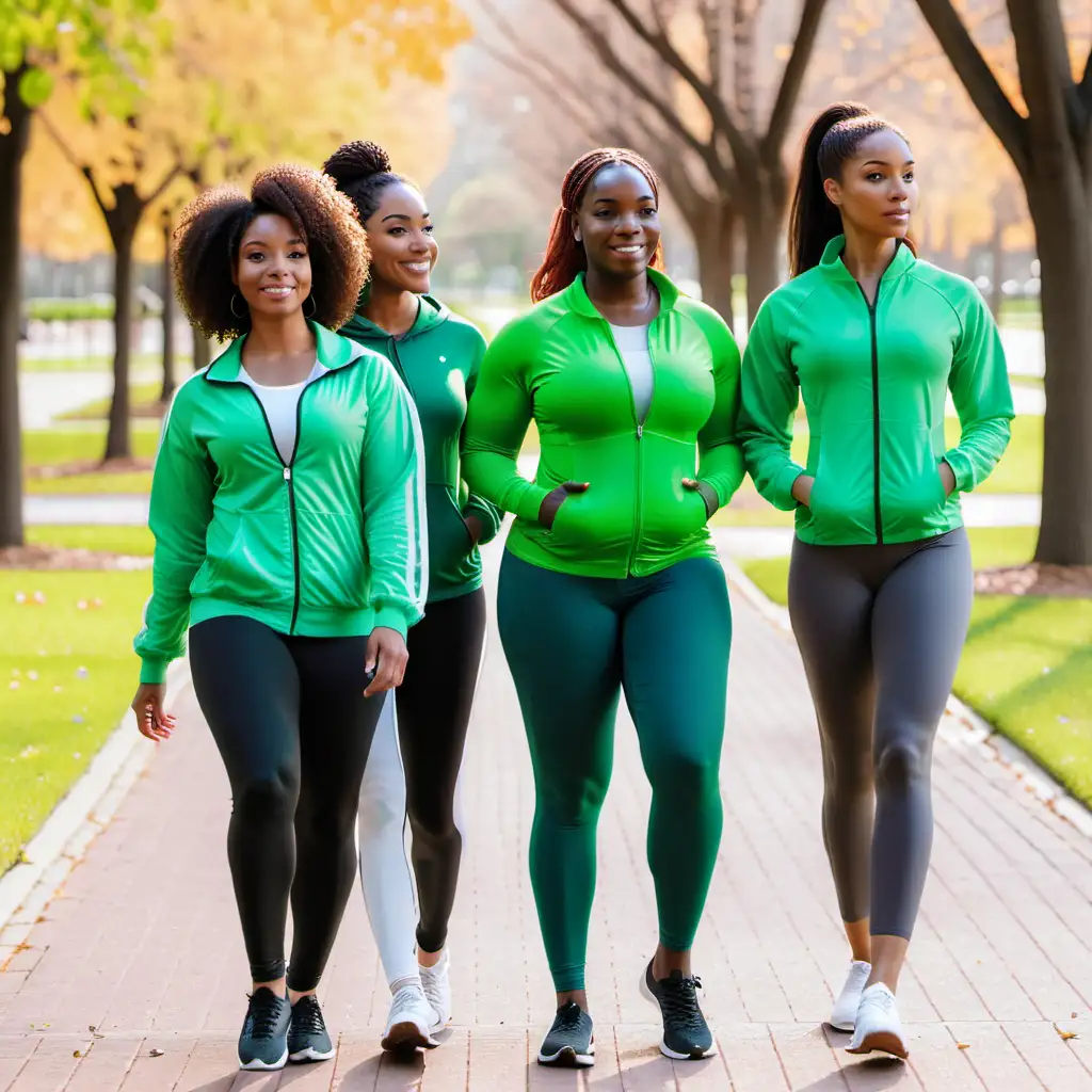 4 african american women, green, walking in park, gym clothes, green jacket