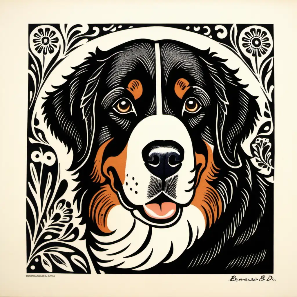 Bernese Mountain Dog Block Print Art Majestic Canine Portrait in Bold Lines