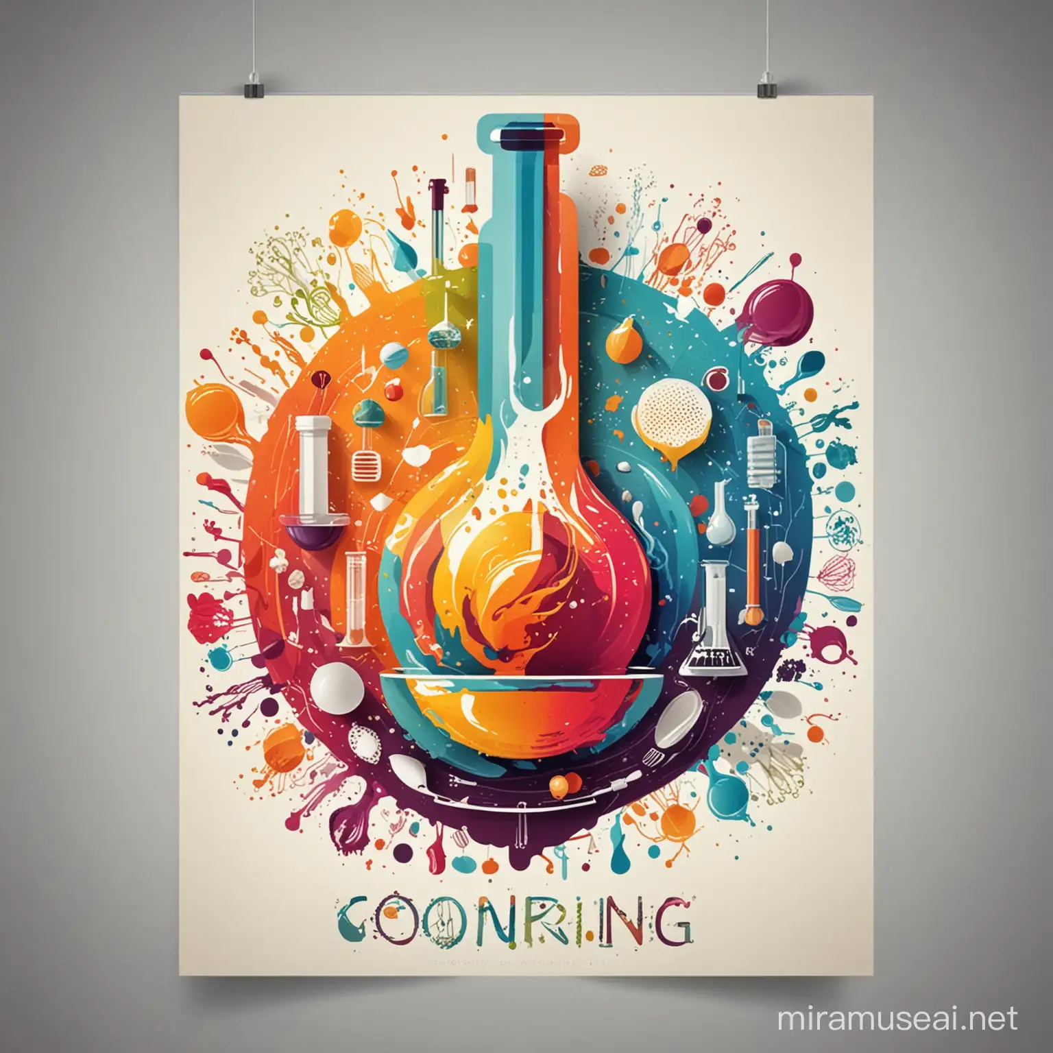 imagen abstracta con temática de cocina, laboratorio e innovación . diseño poster creativo y colorido