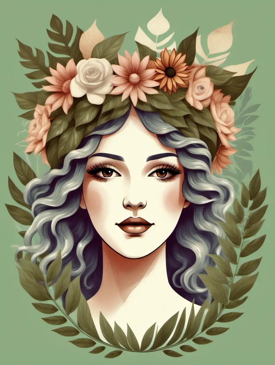 A "Nature Lover" with a floral crown woven from real blooms and leaves, illustration, nature, female, art deco style , bloom , face, background filled with flowers 
