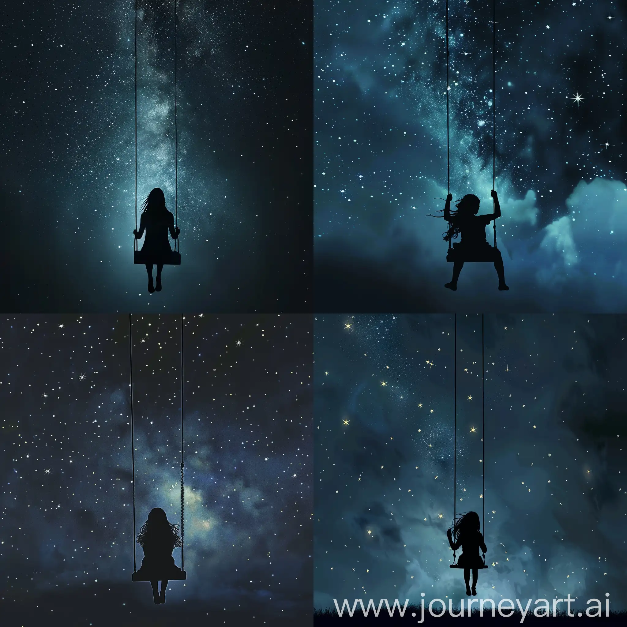 Girl facing the stars on a swing hanging in the dark sky 
