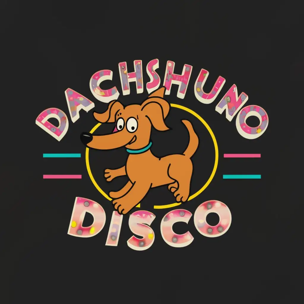 logo, a wiener dog dancing in a 1980s night club. black background, with the text "Dachshund Disco", typography, be used in Entertainment industry