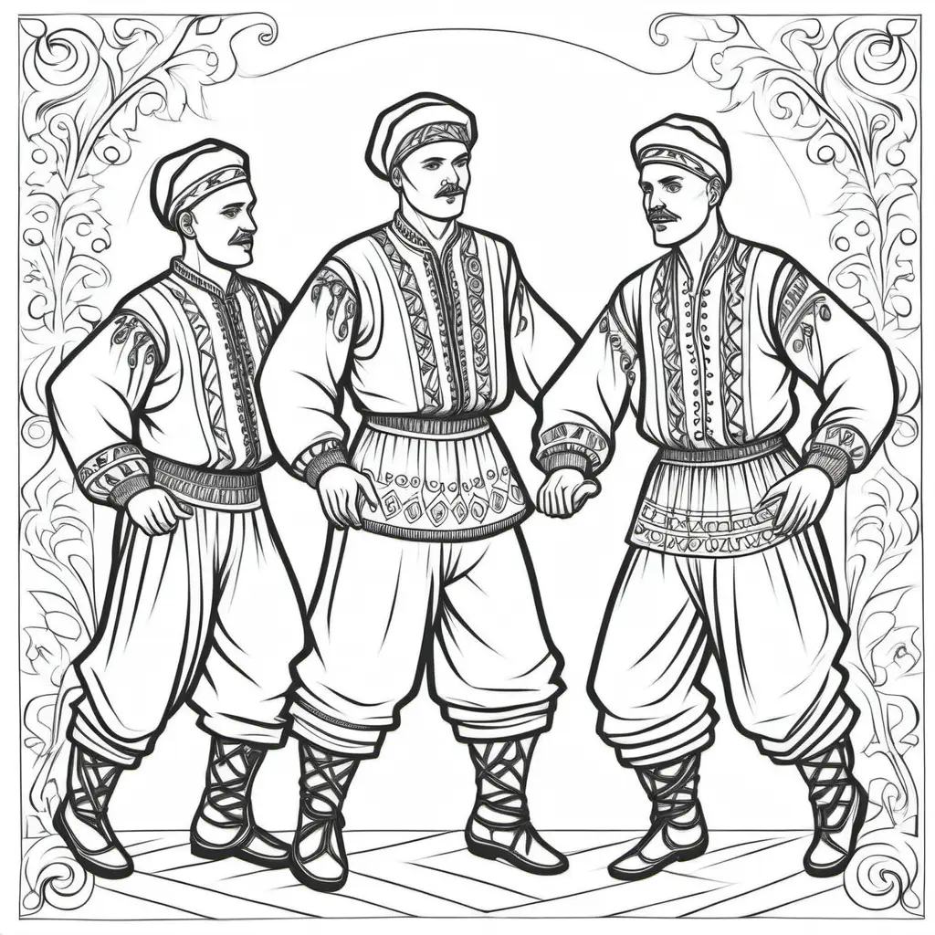 Ukrainian Folk Dance Coloring Page Featuring Energetic Men Performing Gopak