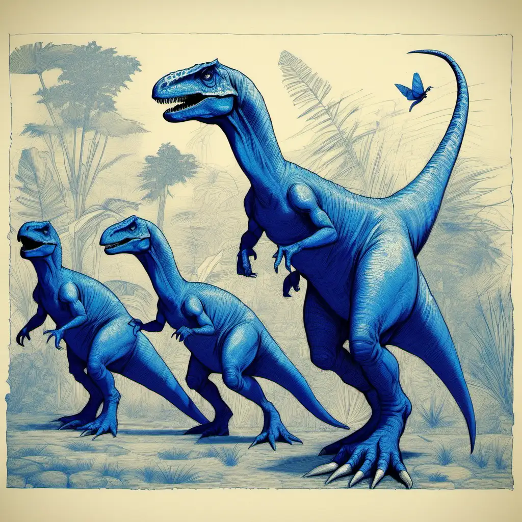 /imagine prompt HAND PRINTED, TALL , GRACEFUL, ENHANCED,ALOT OF VERY  SMALL BLUE THEROPOD DINOSAURS,INNOVATIVE
