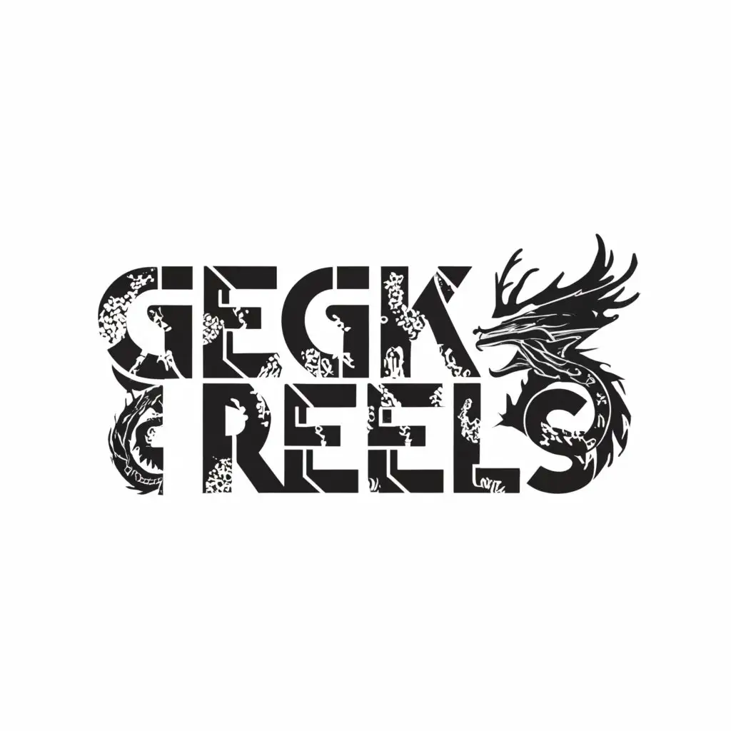 a logo design,with the text "Geeky Reels", main symbol:Dragon stencil,Moderate,clear background