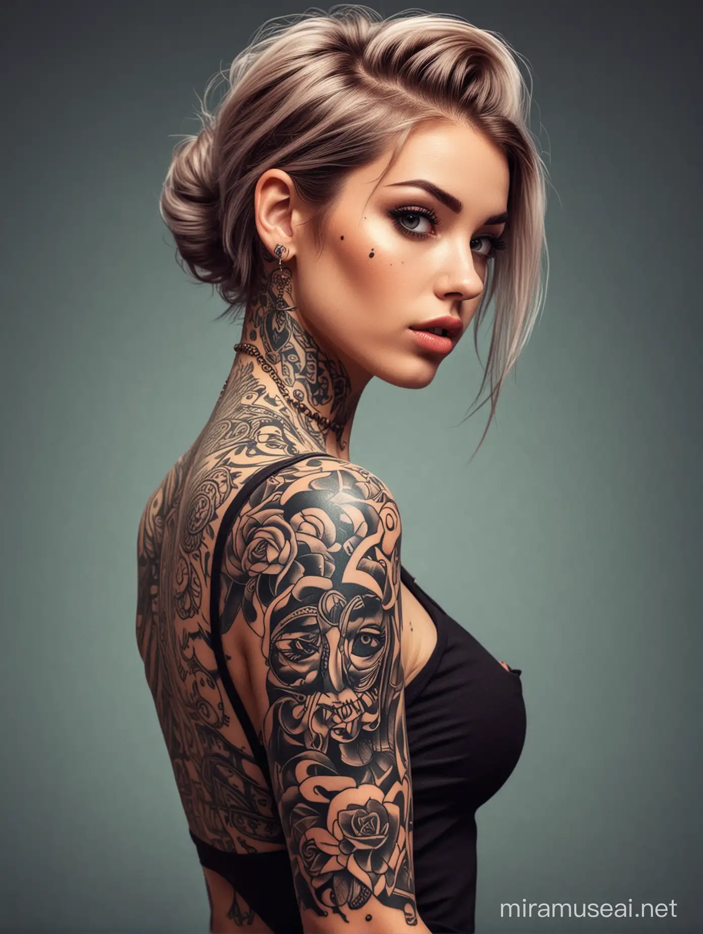 Stylish Tattooed Lady in Comic Style Artwork