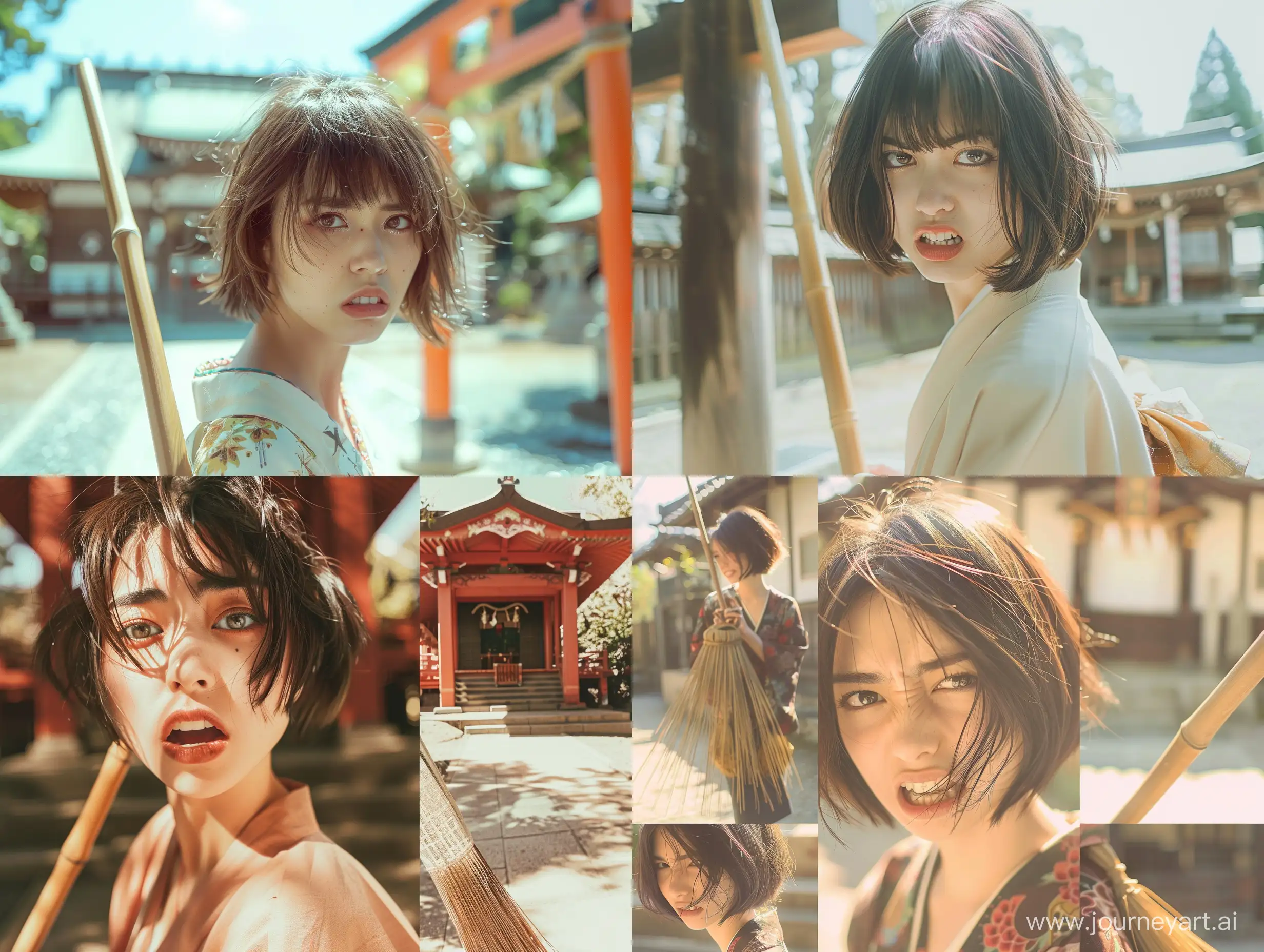 Create an image showing a cute 27-year-old Japanese woman with short hair, pretending to be angry, and a sweet smile, from an old photo album from the 90s, captured at a low angle with a movie camera aesthetic, wearing Miko's costume, outdoors Outside the shrine, the model poses cutely with a broom in different photo poses, showing a real-life perspective and recalling the nostalgic atmosphere of film photography. Emphasize soft natural light, clear lighting, and slightly increase graininess to enhance the timeless and lively feel of this moment. Realistic, cinematic, stunningly beautiful girls