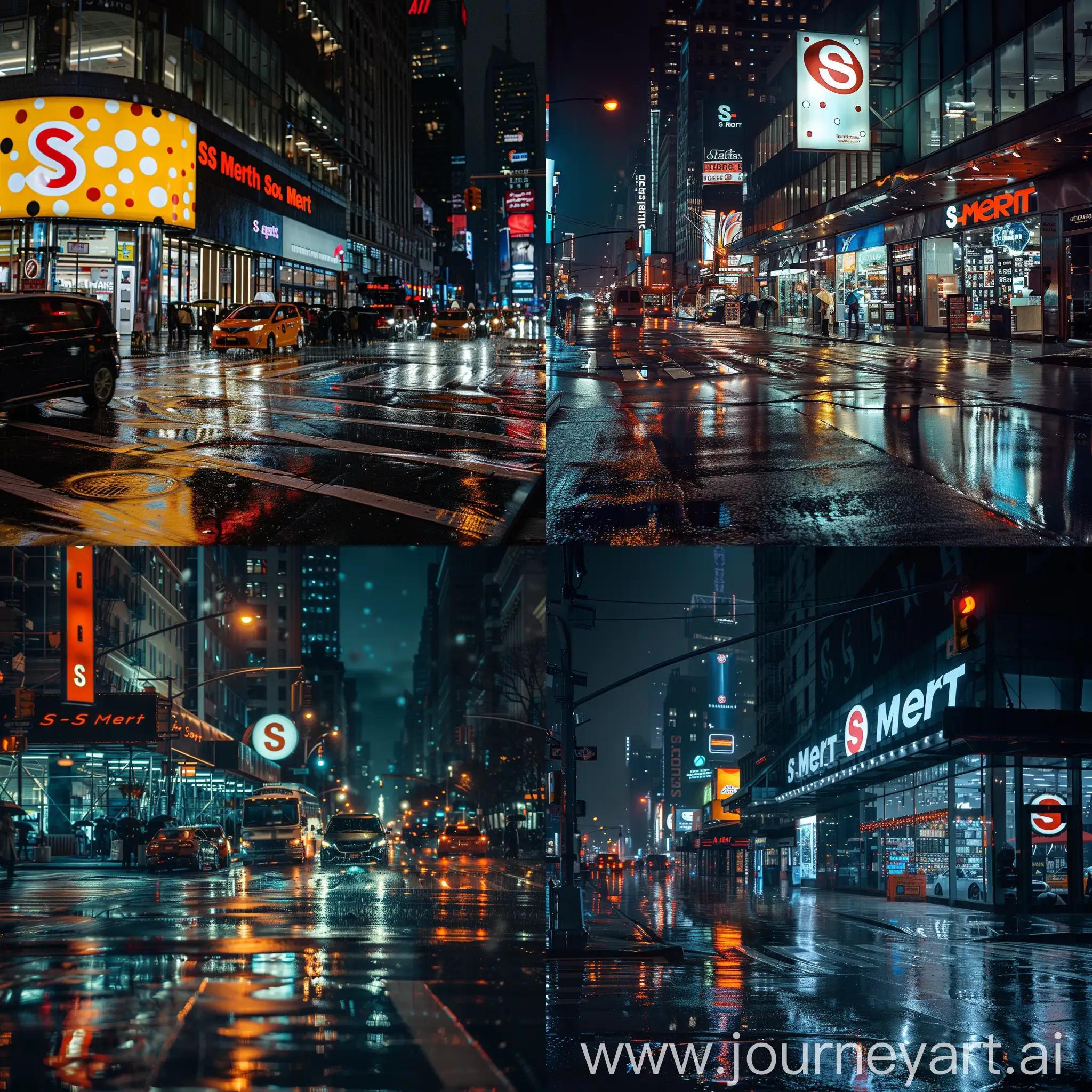 A photo of a rainy night in New York, where there is a store that sells technology gadgets and phones called "S mart" and its logo is a white and red dot circle.