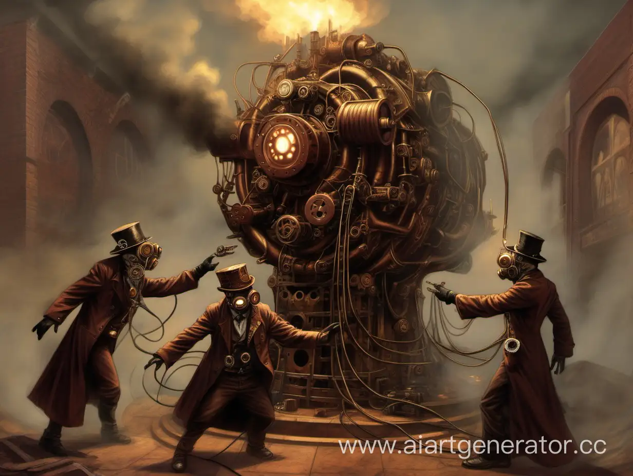 steampunk cultists in masks make sacrifice to giant electric coil
