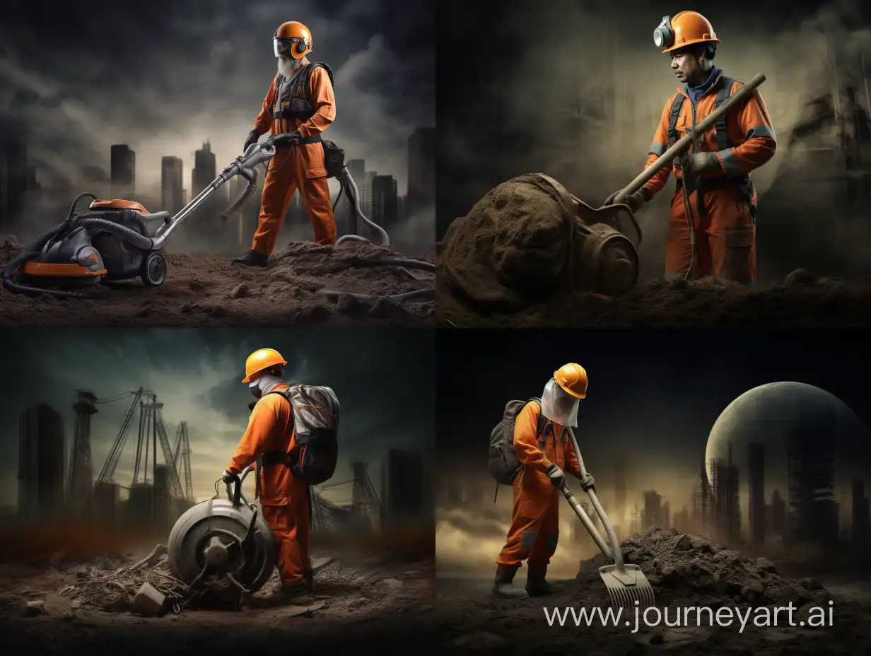 рекламное фото мужчина строитель в оранжевой каске держит строительный пылесос который засасывает все на своем пути очень мощный на заднем плане строительное помещение и темный фон