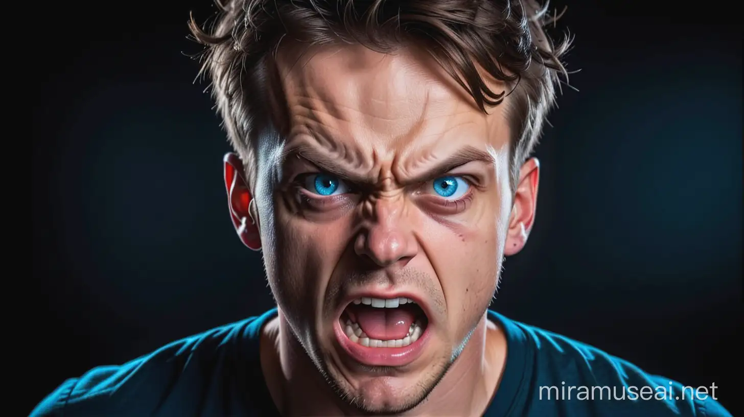 crazy addicted person with blue eyes on a black background. The face of an angry man is furious.