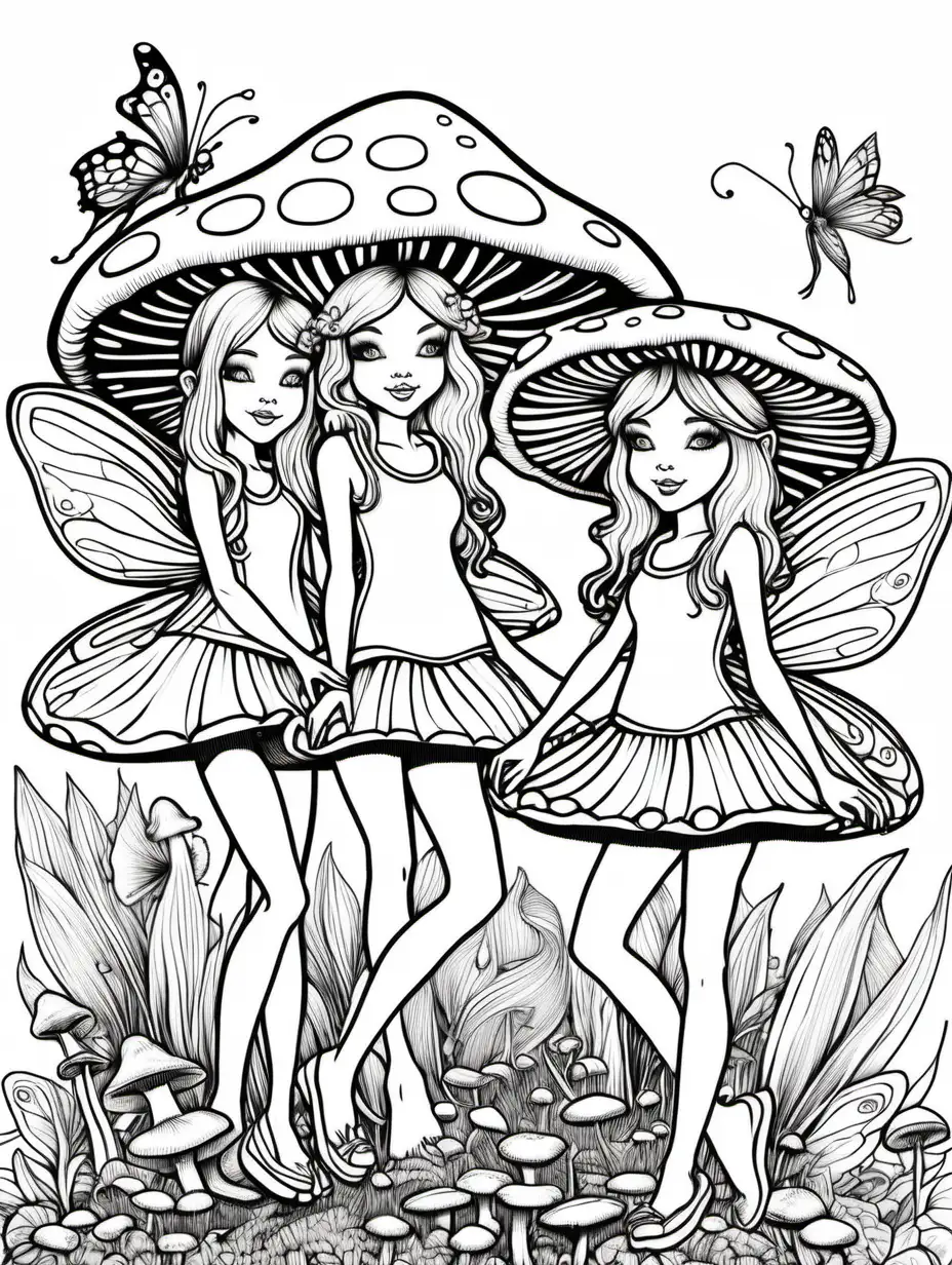 Enchanting Fairies on Mushrooms Intricate Line Drawing for Coloring Book