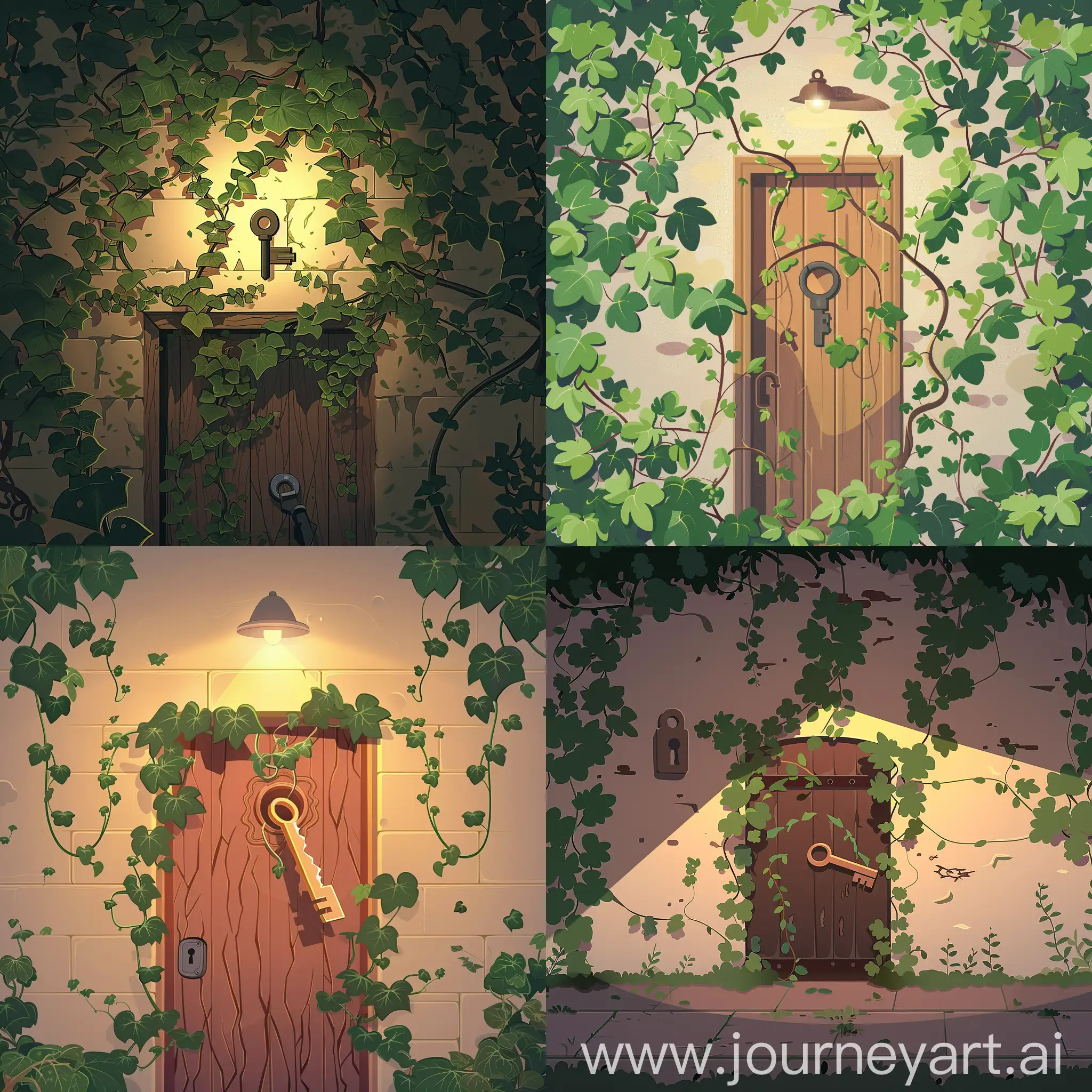 flat illustration of a wall filled with climbing ivy , in the center of this wall, an old closed wood door with a lock , the big key of the door is pending in the climbing ivy, the light is direct towards the key, HD