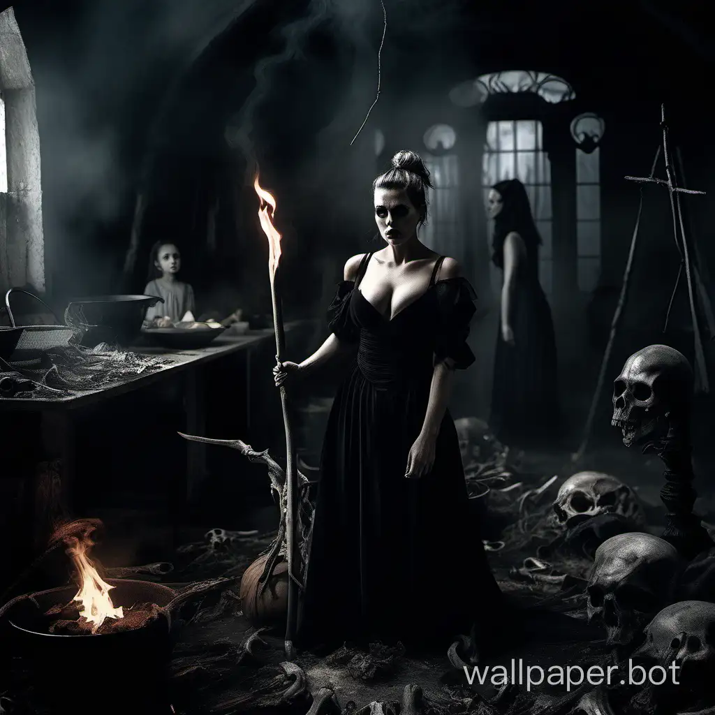 A dramatic and captivating photo showcases a voluptuous witch with a ponytail, dressed in a tight, black dress revealing a daring slit and a plunging neckline. She stands in her sinister lair, surrounded by the bones of her past victims, creating an atmosphere of dread and macabre. The witch is actively cooking a screaming boy in a large cauldron, as another boy, anticipating his fate, stares intently at her enticing neckline. The cinematic photography captures the emotional intensity of the twisted story, while the witch's alluring appearance adds a chilling element to the scene., cinematic, photo